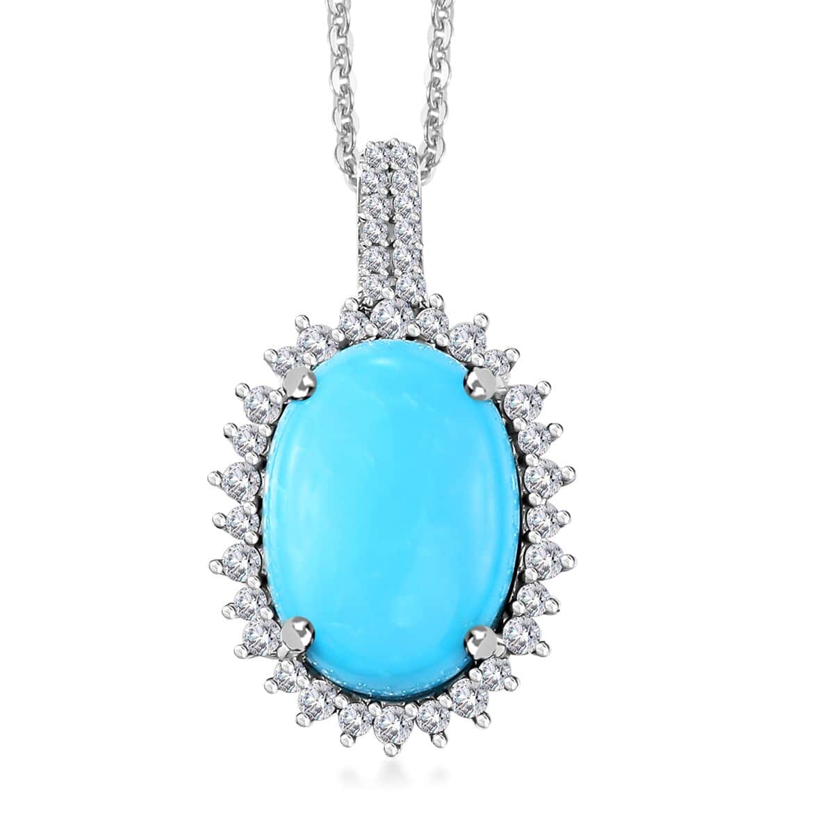 Sleeping Beauty Turquoise and Moissanite 5.60 ctw Sunburst Pendant Necklace in Rhodium Over Sterling Silver 20 Inches image number 0