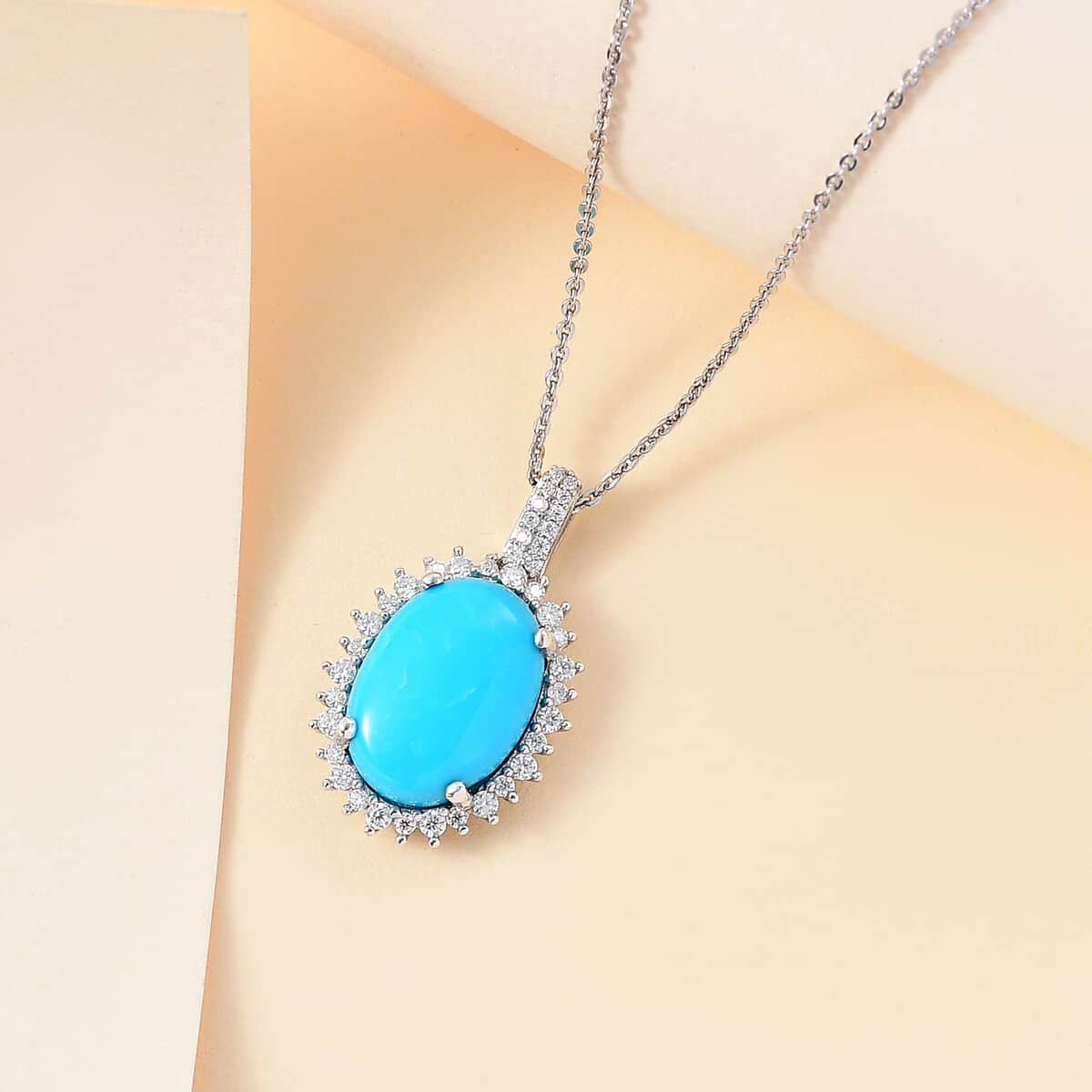 Sleeping Beauty Turquoise and Moissanite 5.60 ctw Sunburst Pendant Necklace in Rhodium Over Sterling Silver 20 Inches image number 1