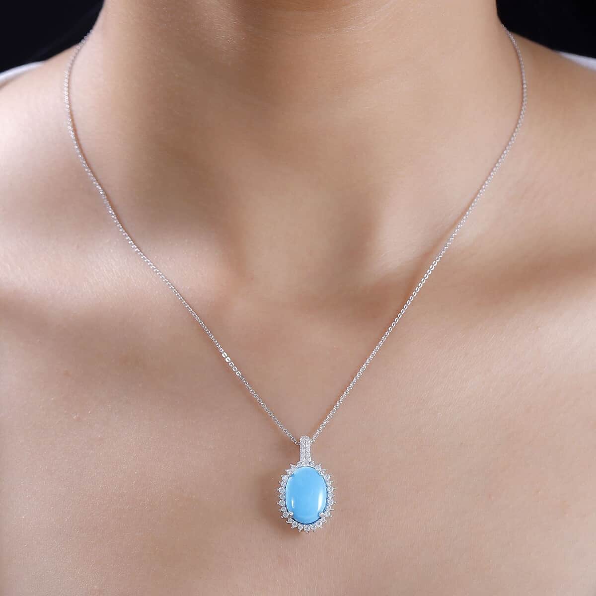 Sleeping Beauty Turquoise and Moissanite 5.60 ctw Sunburst Pendant Necklace in Rhodium Over Sterling Silver 20 Inches image number 2