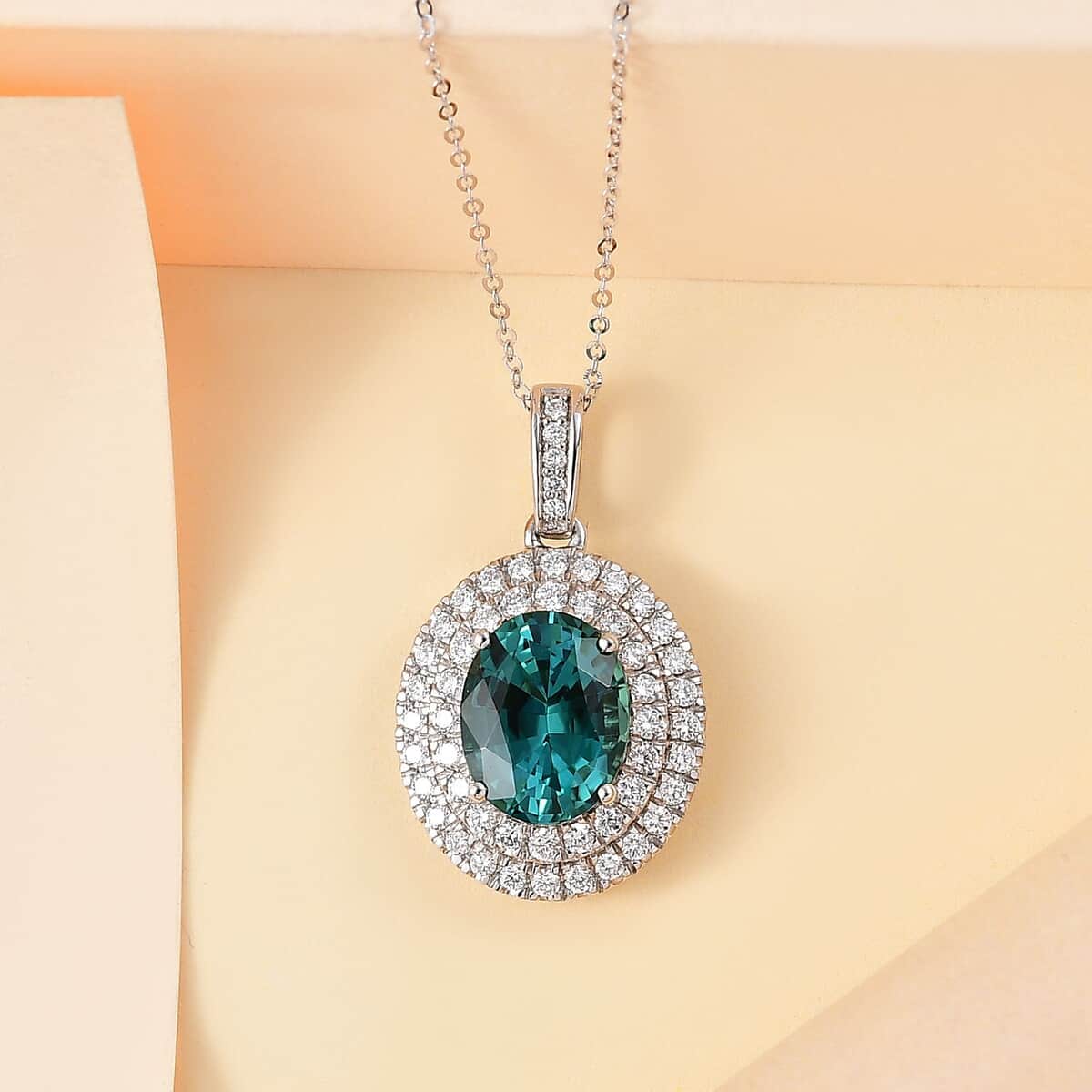 Certified & Appraised Rhapsody AAAA Lagoon Tourmaline and Diamond 3.60 ctw E-F VS Pendant Necklace in 950 Platinum 18 Inches 4.80 Grams image number 1