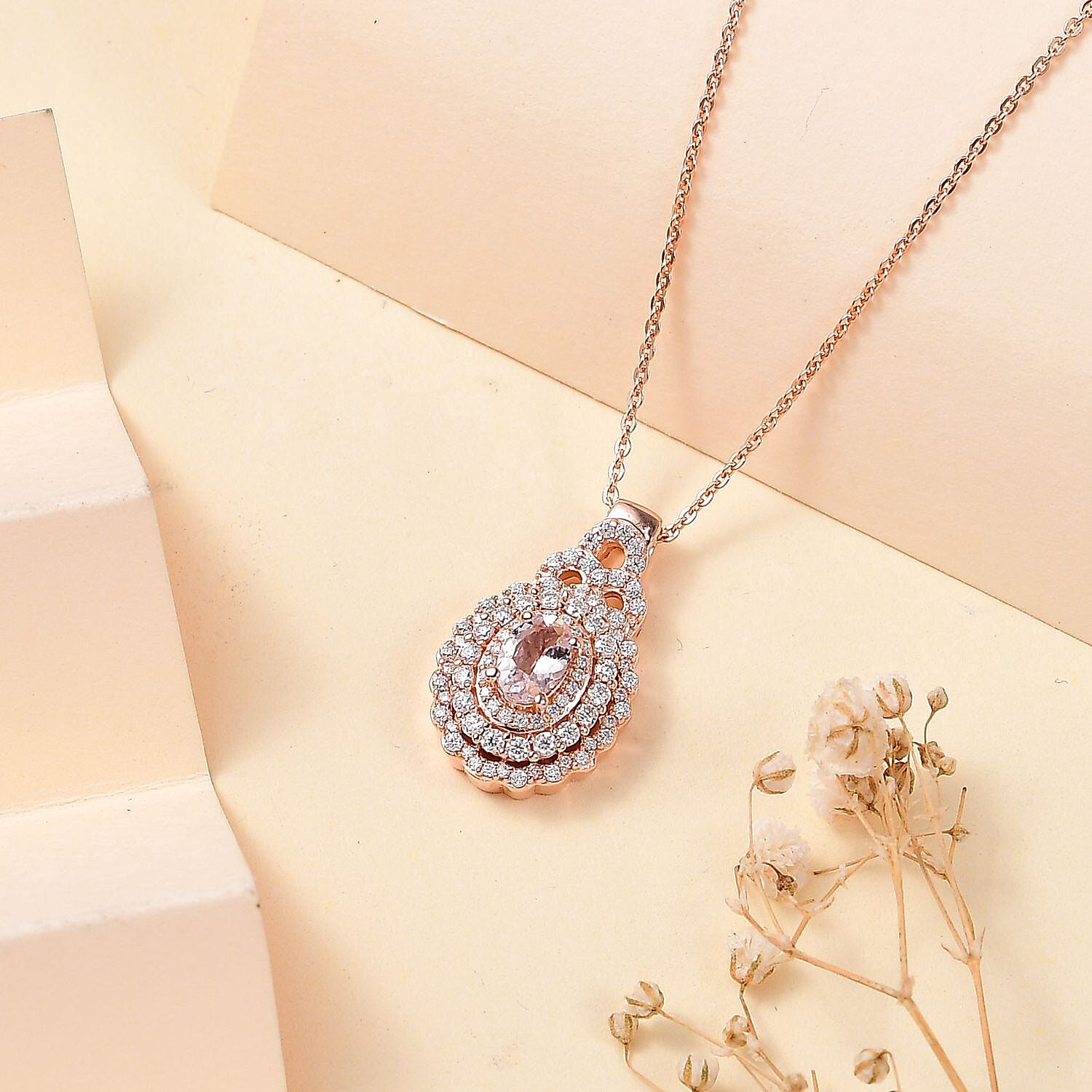 Pink Morganite and Moissanite 1.00 ctw Cherry Blossom Pendant Necklace in 18K Vermeil RG Over Sterling Silver 20 Inches
