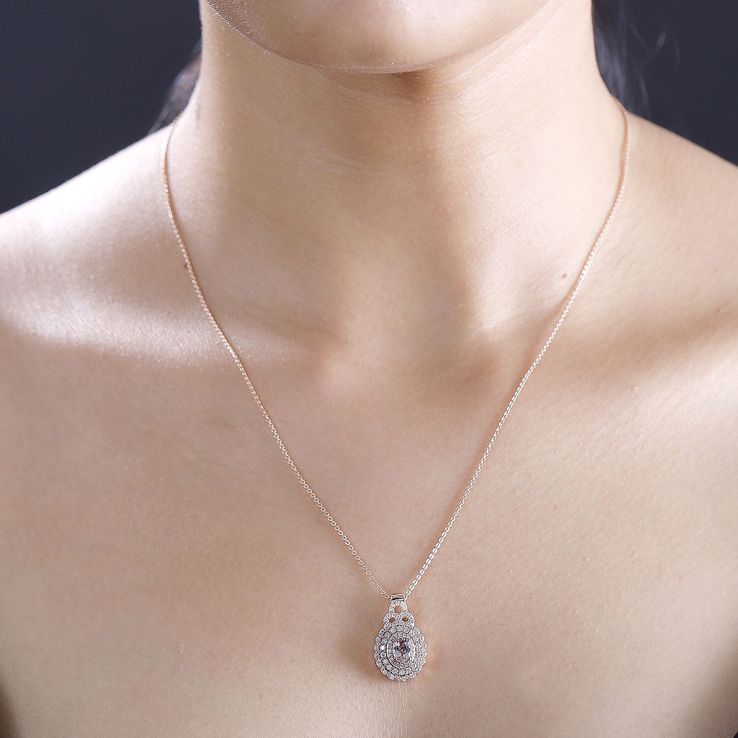 Pink Morganite and Moissanite 1.00 ctw Cherry Blossom Pendant Necklace in 18K Vermeil RG Over Sterling Silver 20 Inches