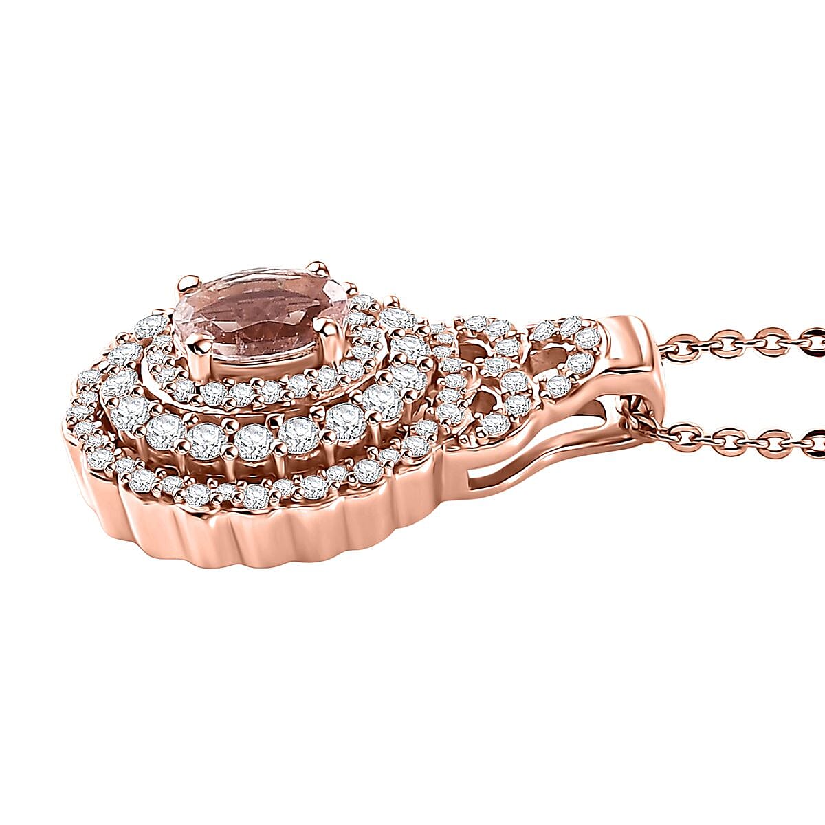 Pink Morganite and Moissanite 1.00 ctw Cherry Blossom Pendant Necklace in 18K Vermeil RG Over Sterling Silver 20 Inches