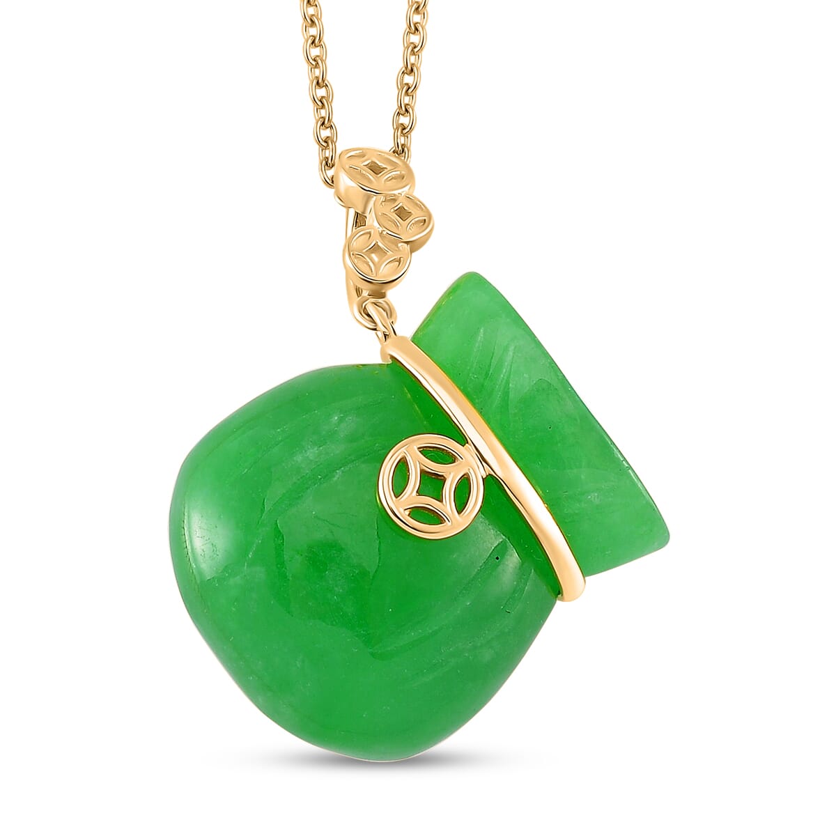 Green Jade (D) 42.00 ctw Carved Tied Money Bag Pendant Necklace in 18K Vermeil Yellow Gold Over Sterling Silver 20 Inches image number 0