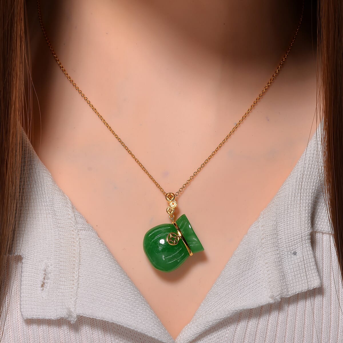 Green Jade (D) 42.00 ctw Carved Tied Money Bag Pendant Necklace in 18K Vermeil Yellow Gold Over Sterling Silver 20 Inches image number 1