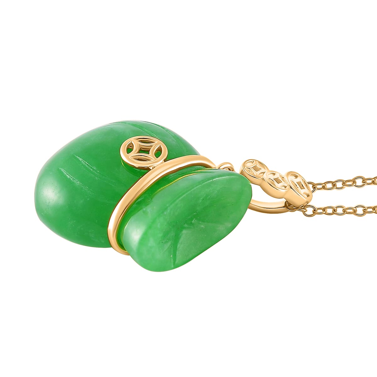 Green Jade (D) 42.00 ctw Carved Tied Money Bag Pendant Necklace in 18K Vermeil Yellow Gold Over Sterling Silver 20 Inches image number 2