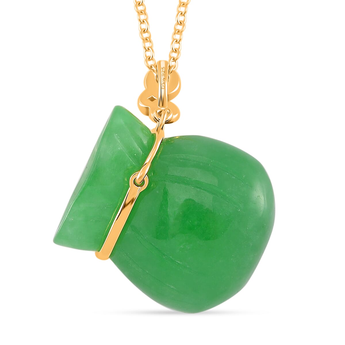 Green Jade (D) 42.00 ctw Carved Tied Money Bag Pendant Necklace in 18K Vermeil Yellow Gold Over Sterling Silver 20 Inches image number 3