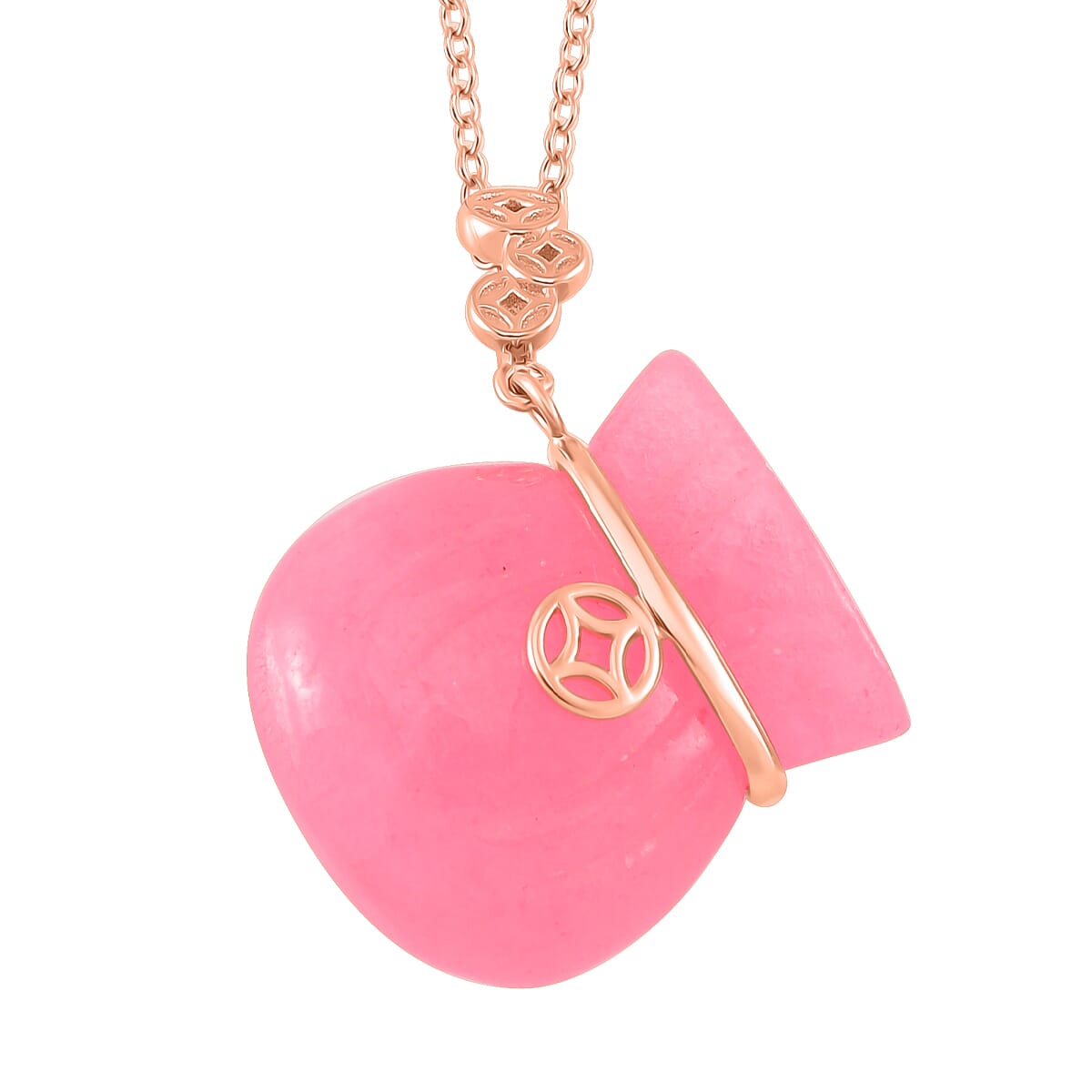 Pink Jade (D) 42.00 ctw Carved Tied Money Bag Pendant Necklace in 18K Vermeil Rose Gold Over Sterling Silver 20 Inches image number 0