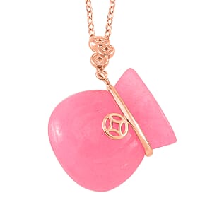 Pink Jade (D) 42.00 ctw Carved Tied Money Bag Pendant Necklace in 18K Vermeil Rose Gold Over Sterling Silver 20 Inches