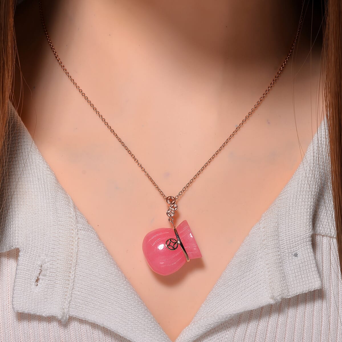 Pink Jade (D) 42.00 ctw Carved Tied Money Bag Pendant Necklace in 18K Vermeil Rose Gold Over Sterling Silver 20 Inches image number 1