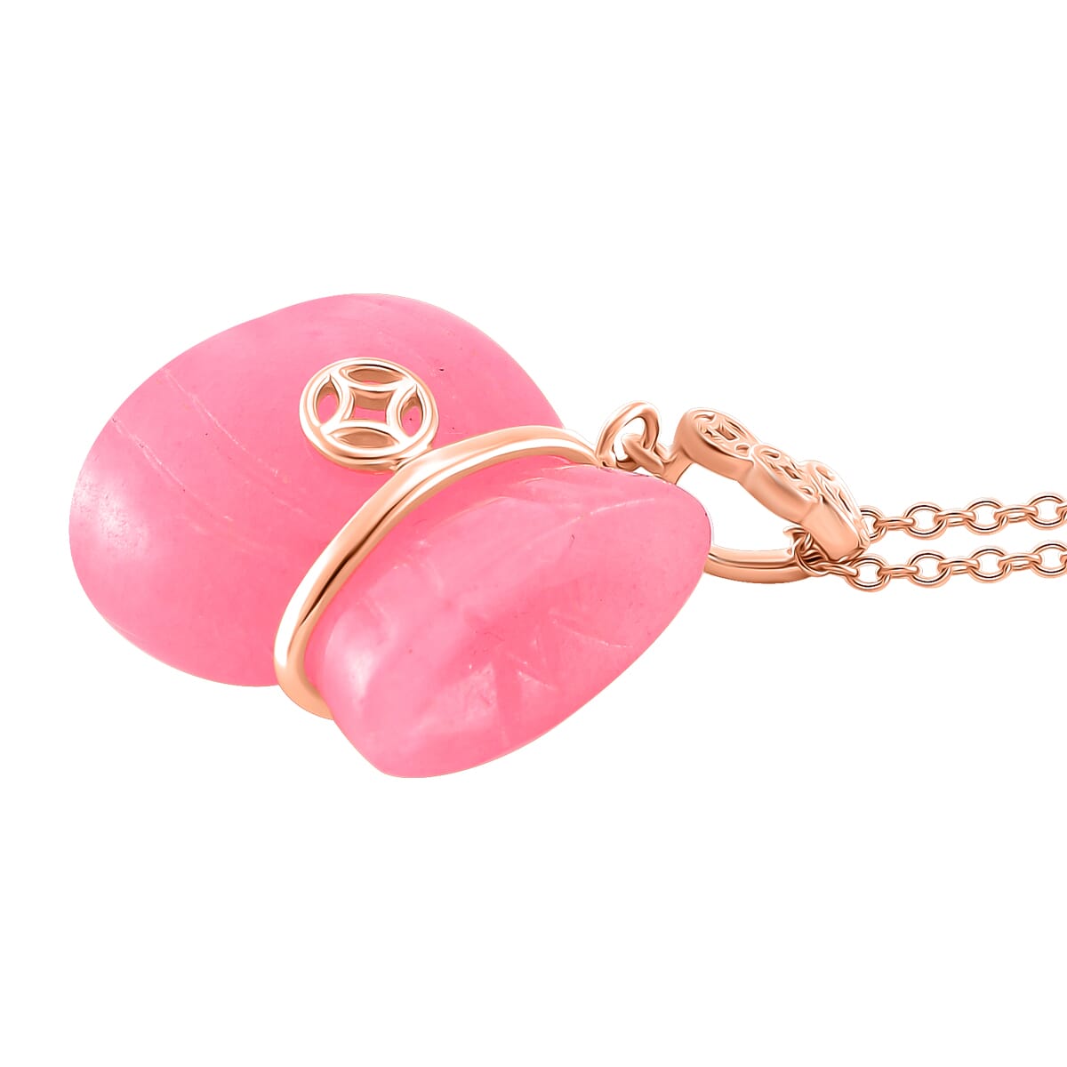 Pink Jade (D) 42.00 ctw Carved Tied Money Bag Pendant Necklace in 18K Vermeil Rose Gold Over Sterling Silver 20 Inches image number 2