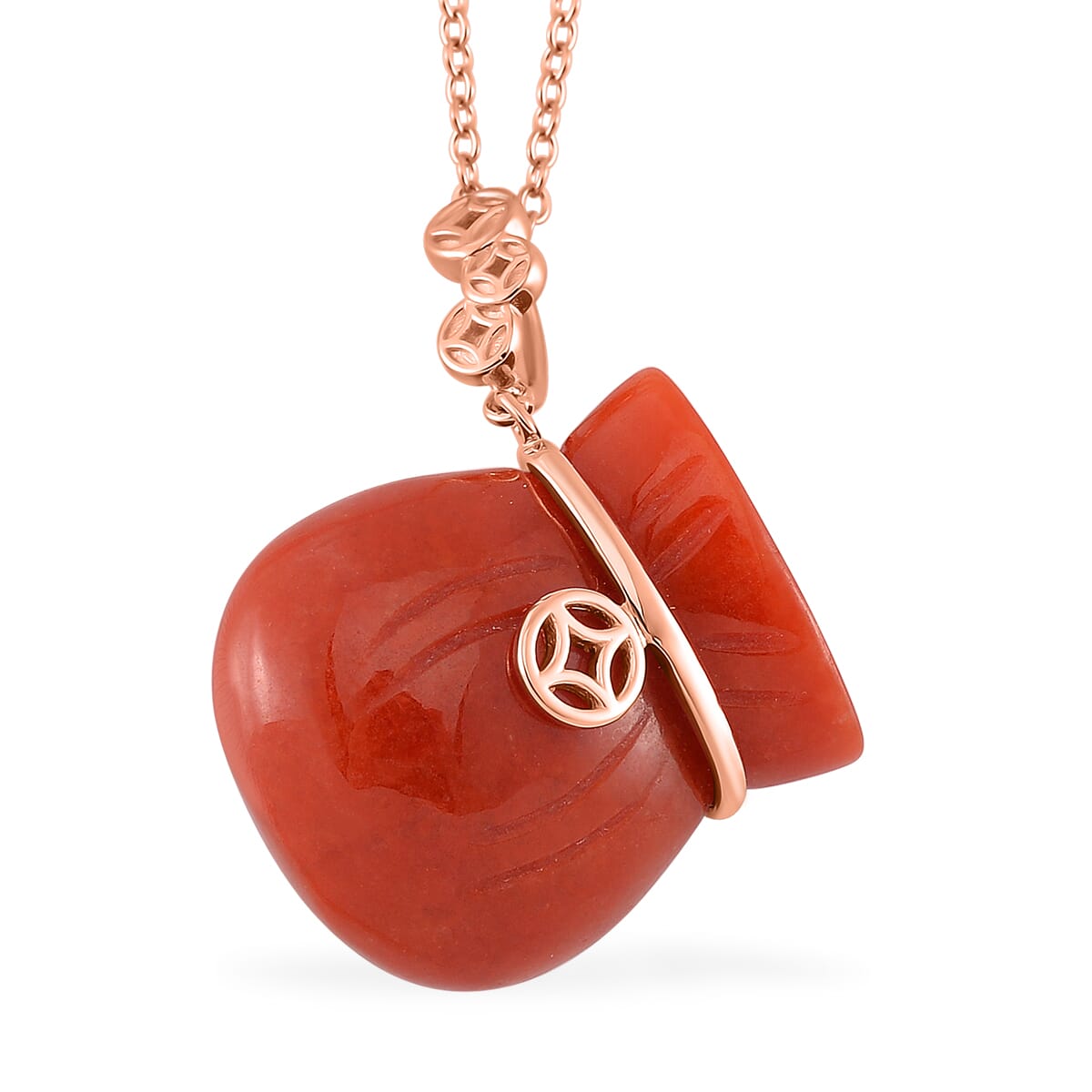 Red Jade (D) 42.00 ctw Carved Tied Money Bag Pendant Necklace in 18K Vermeil Rose Gold Over Sterling Silver 20 Inches image number 0