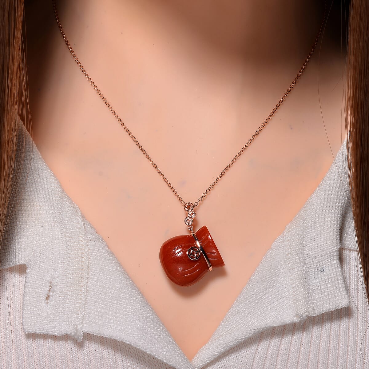 Red Jade (D) 42.00 ctw Carved Tied Money Bag Pendant Necklace in 18K Vermeil Rose Gold Over Sterling Silver 20 Inches image number 1
