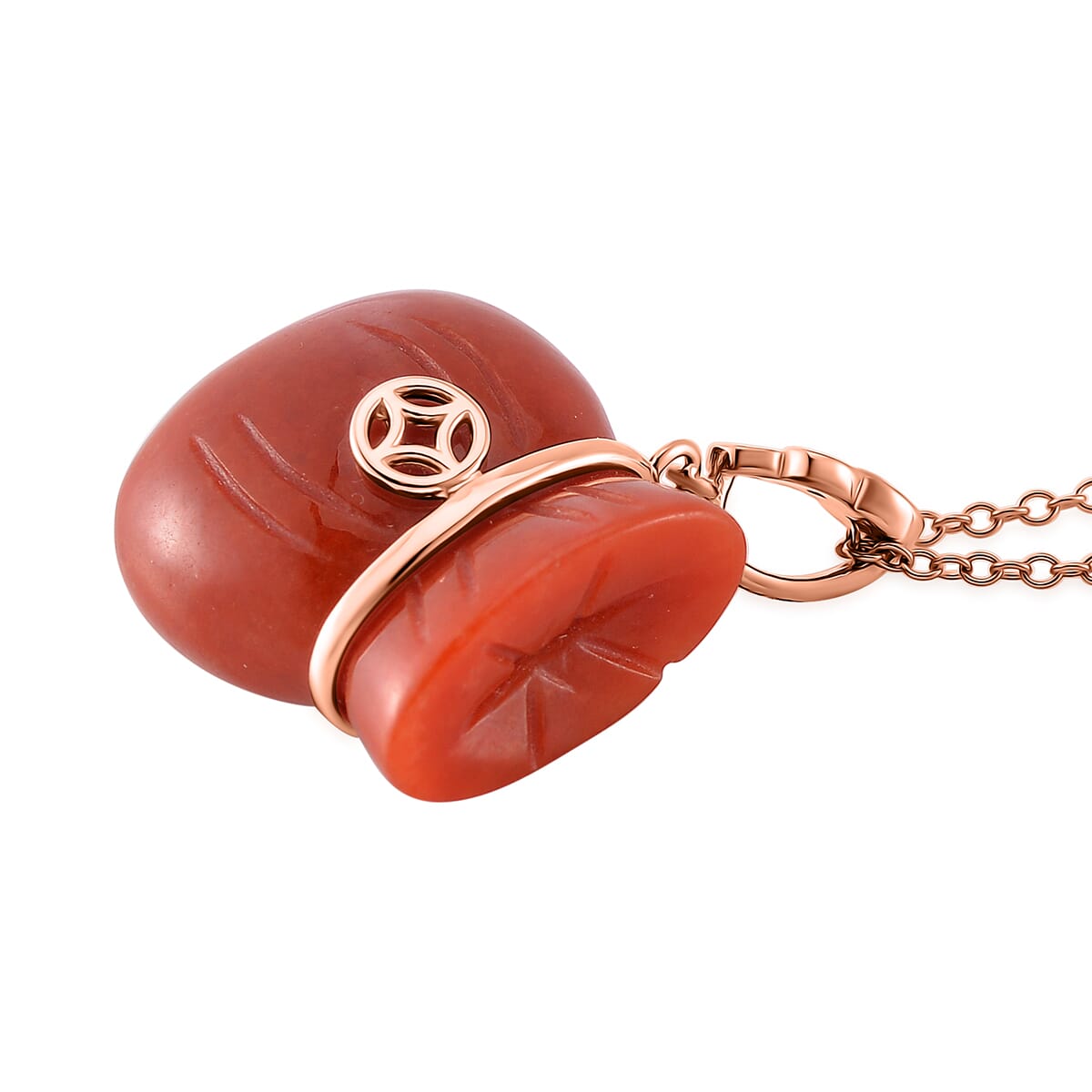 Red Jade (D) 42.00 ctw Carved Tied Money Bag Pendant Necklace in 18K Vermeil Rose Gold Over Sterling Silver 20 Inches image number 2
