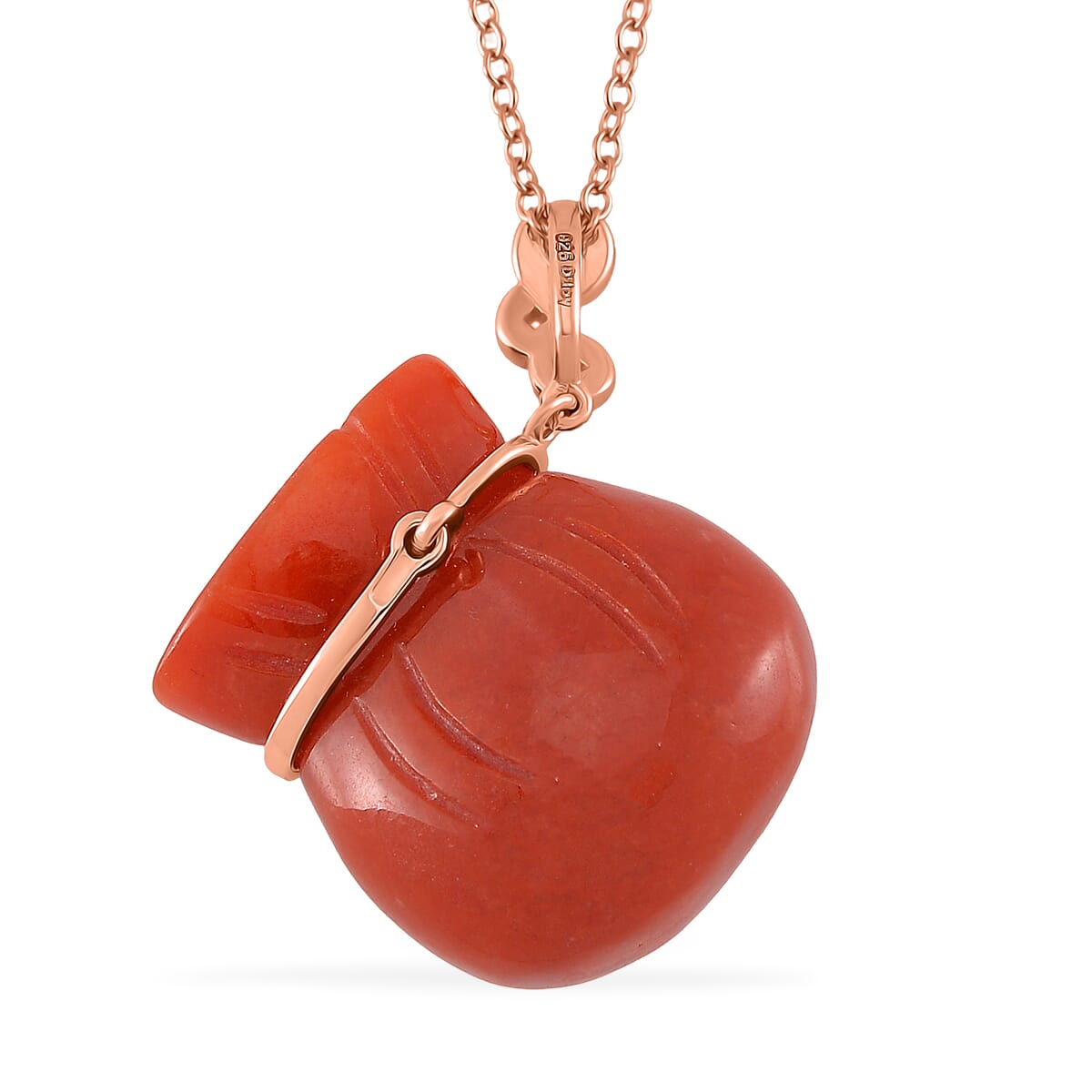 Red Jade (D) 42.00 ctw Carved Tied Money Bag Pendant Necklace in 18K Vermeil Rose Gold Over Sterling Silver 20 Inches image number 3