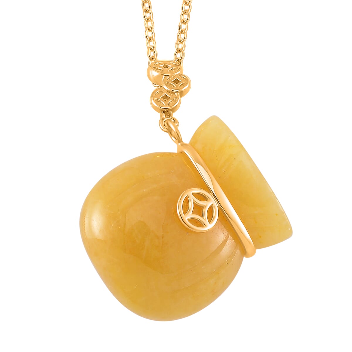 Honey Jade (D) 42.00 ctw Carved Tied Money Bag Pendant Necklace (20 Inches) in 18K Vermeil Yellow Gold Over Sterling Silver image number 0