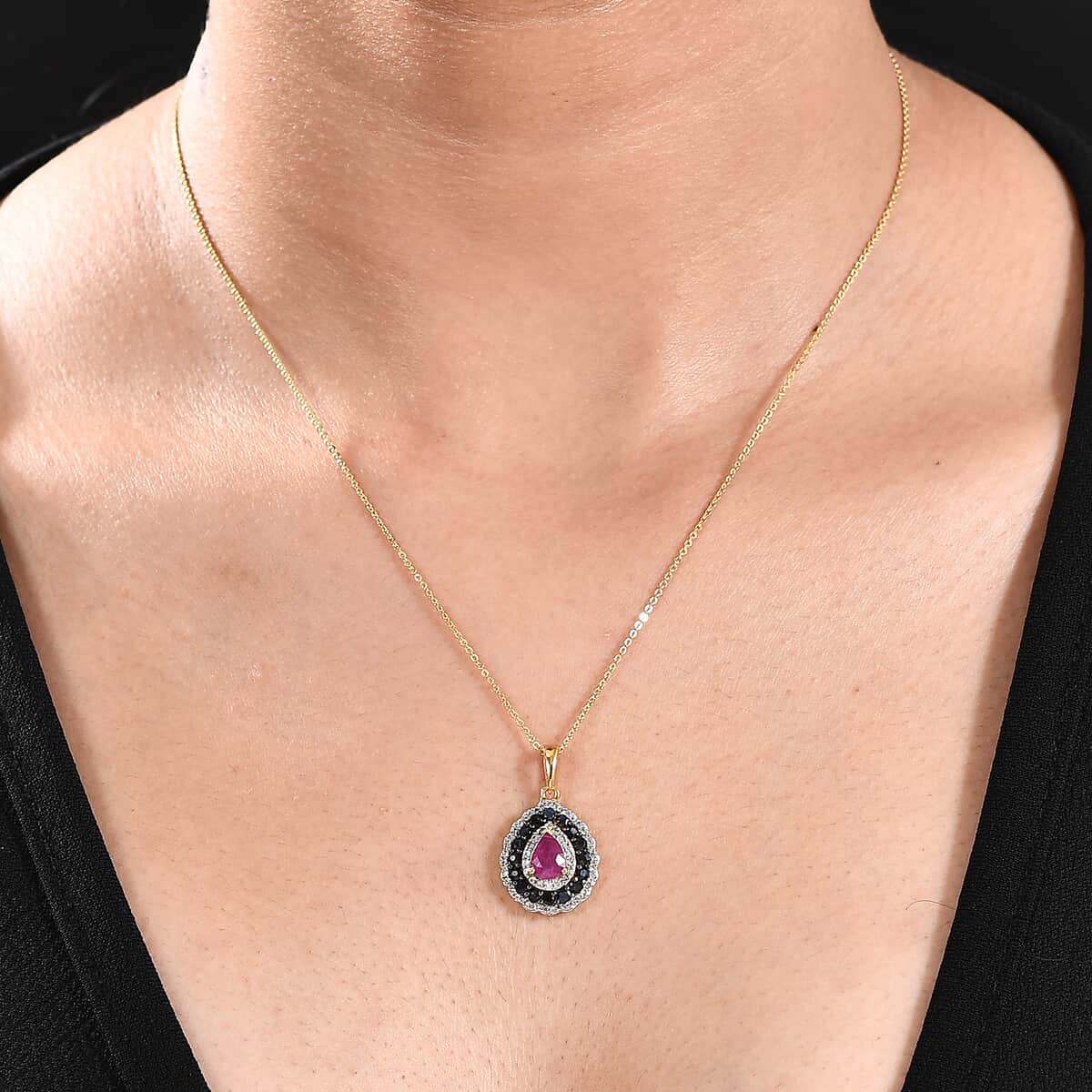 Premium Royal Ruby and Multi Gemstone 2.00 ctw Crimson Bloom Pendant Necklace in 18K Vermeil Yellow Gold Over Sterling Silver 20 Inches image number 2