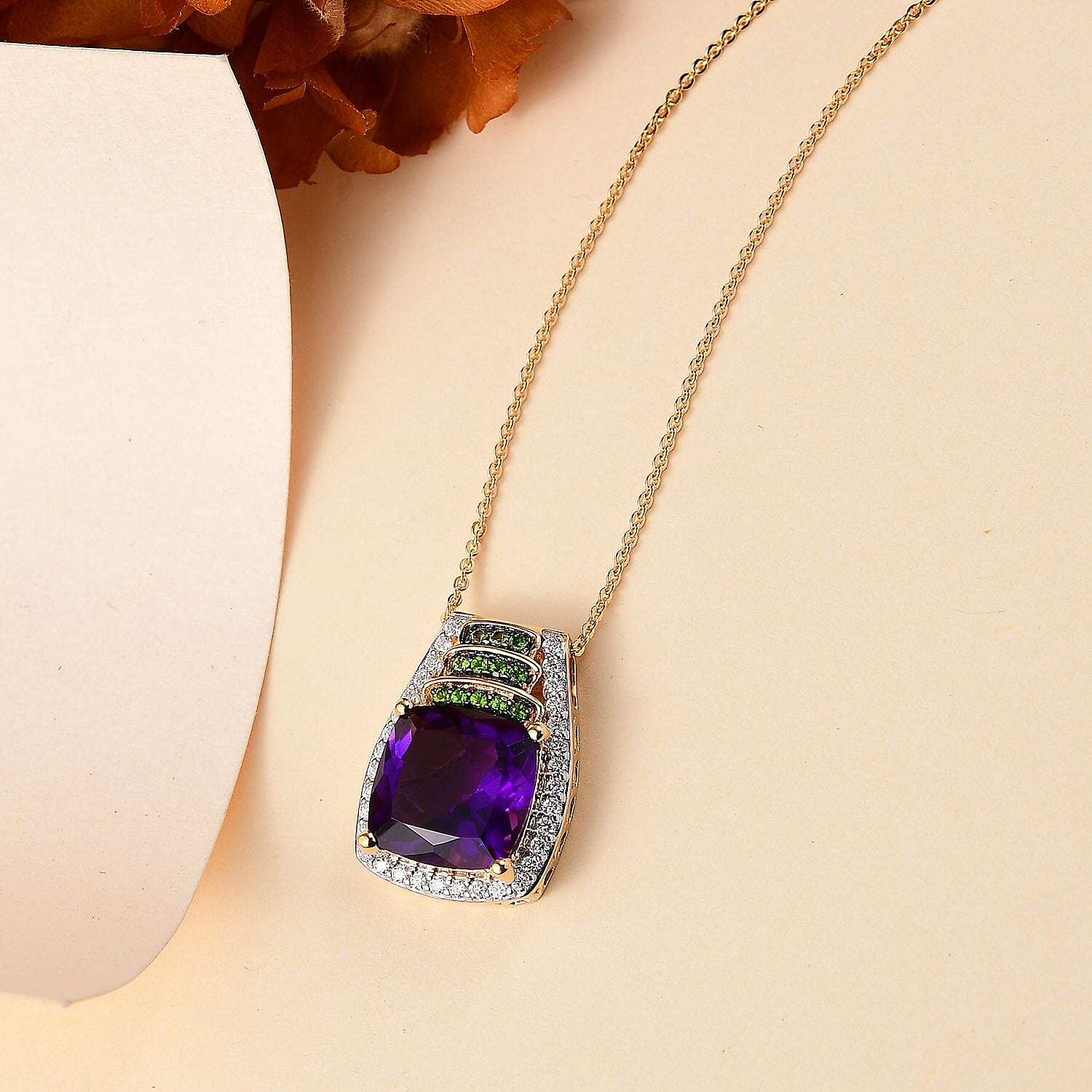Zambian Amethyst and Multi Gemstone 5.70 ctw Stairs Pendant Necklace 20 Inches in 18K Vermeil Yellow Gold Over Sterling Silver