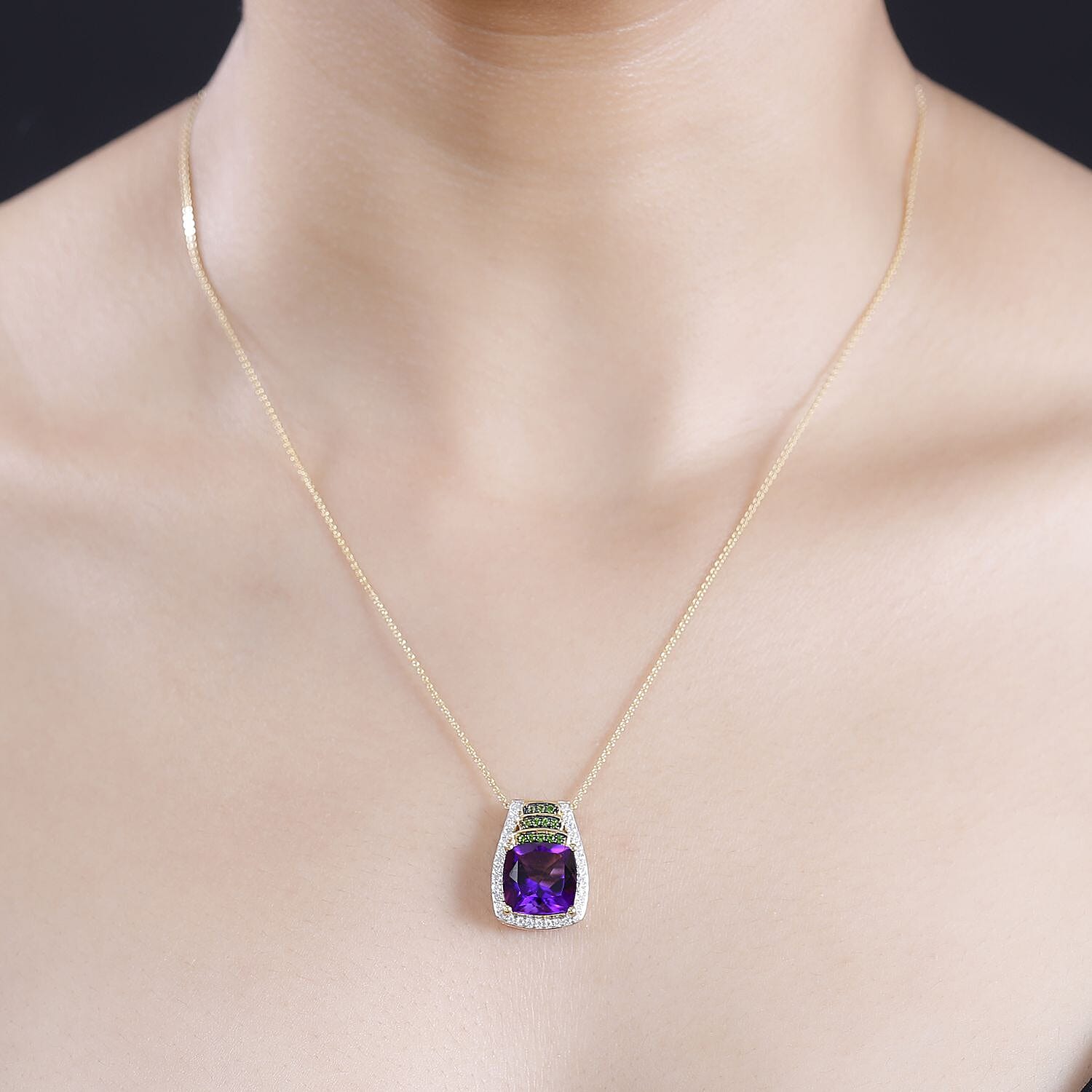 Zambian Amethyst and Multi Gemstone 5.70 ctw Stairs Pendant Necklace 20 Inches in 18K Vermeil Yellow Gold Over Sterling Silver
