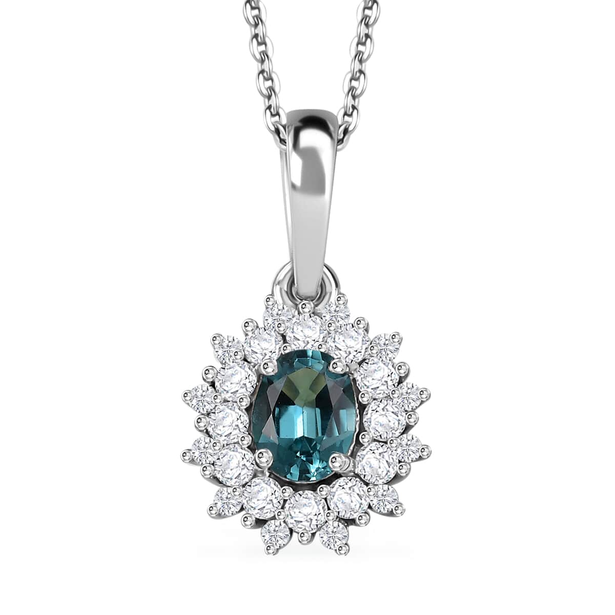 Premium Lagoon Tourmaline and Moissanite 0.70 ctw Ocean Dawn Pendant Necklace in Rhodium Over Sterling Silver 20 Inches image number 0