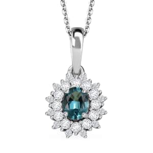 Premium Lagoon Tourmaline and Moissanite 0.70 ctw Ocean Dawn Pendant Necklace in Rhodium Over Sterling Silver 20 Inches