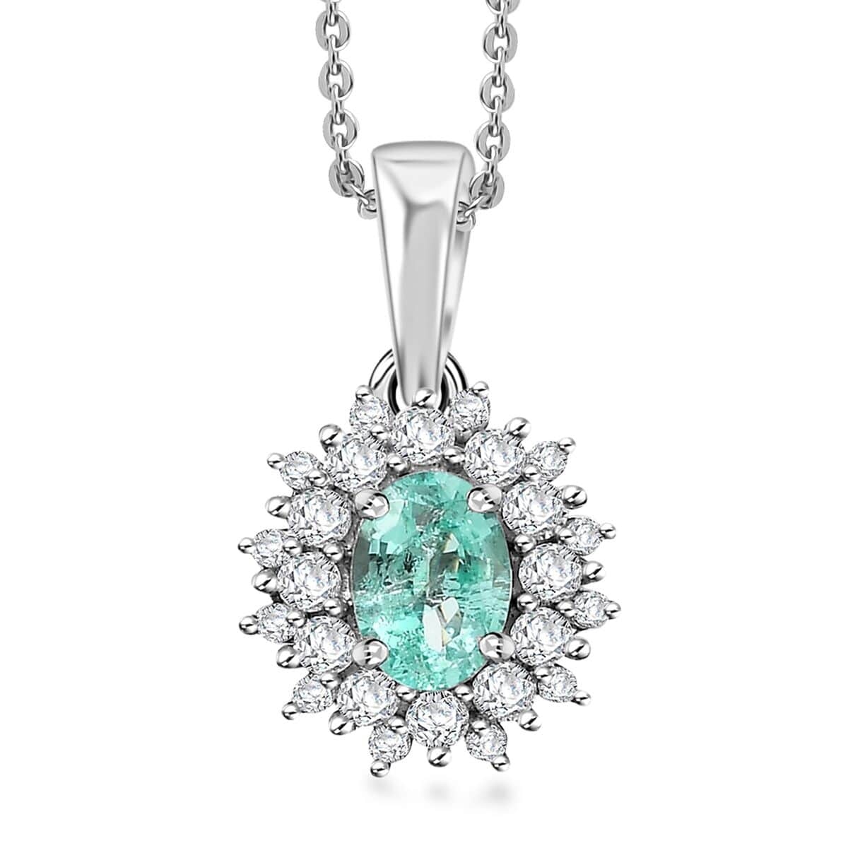 Premium Boyaca Colombian Emerald and Moissanite 0.70 ctw Ocean Dawn Pendant Necklace in Rhodium Over Sterling Silver 20 Inches image number 0