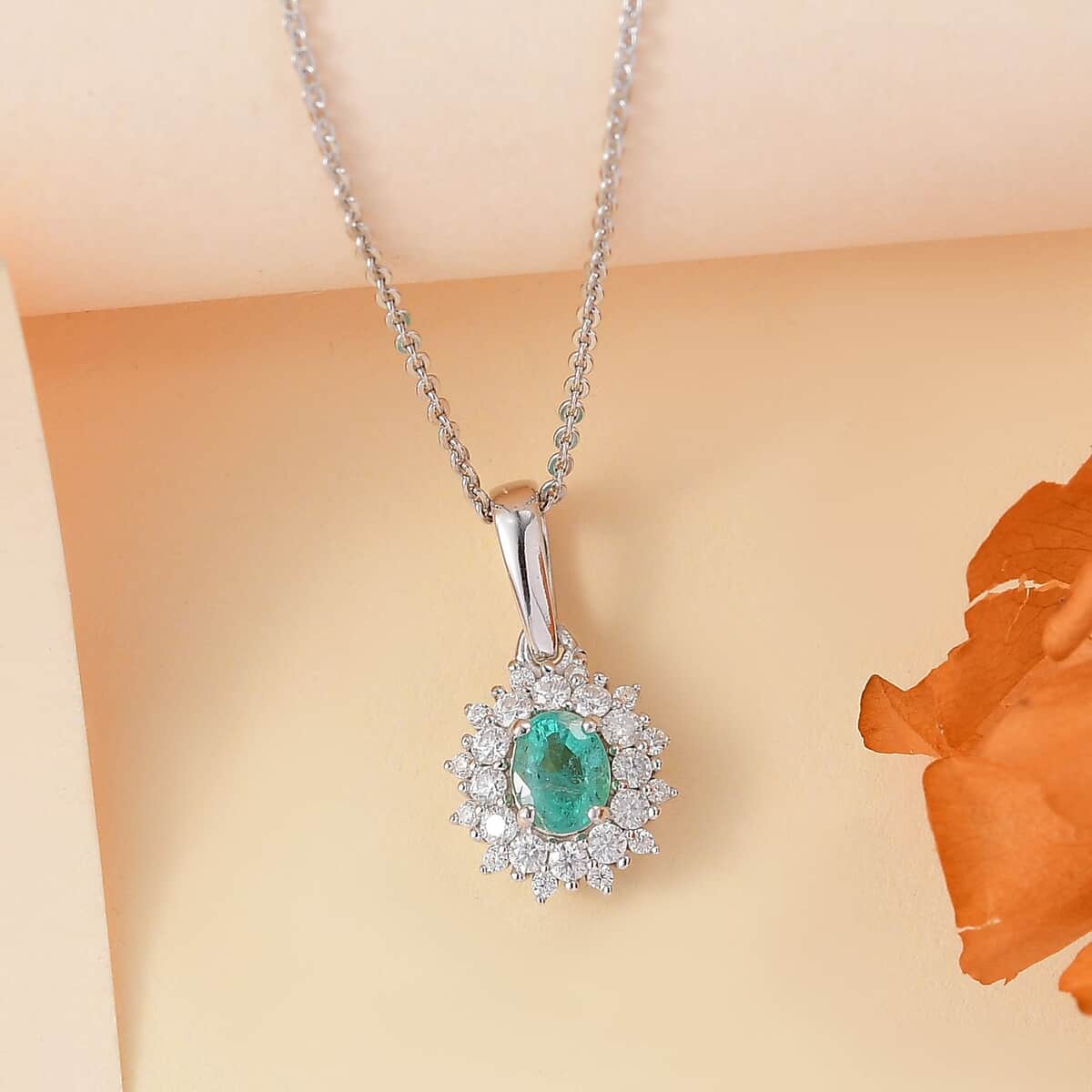 Premium Boyaca Colombian Emerald and Moissanite 0.70 ctw Ocean Dawn Pendant Necklace in Rhodium Over Sterling Silver 20 Inches image number 1