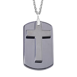 Terahertz 110.00 ctw Men's Dog Tag Pendant with Cross Charm in Rhodium Over Sterling Silver with Stainless Steel Necklace 24-26 Inches