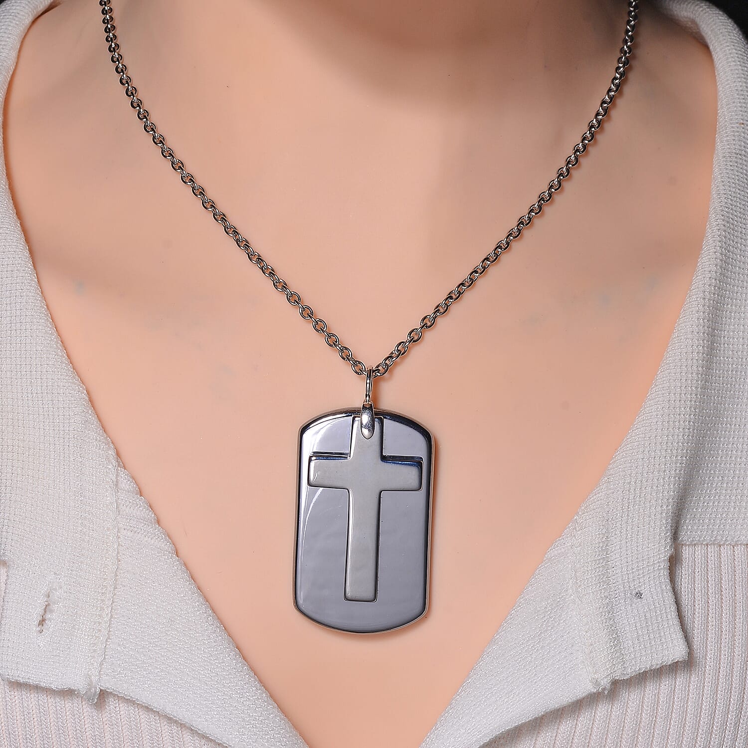 Terahertz 110.00 ctw Men's Dog Tag Pendant with Cross Charm in Rhodium Over Sterling Silver with Stainless Steel Necklace 24-26 Inches