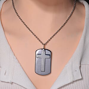 Terahertz 110.00 ctw Men's Dog Tag Pendant with Cross Charm in Rhodium Over Sterling Silver with Stainless Steel Necklace 24-26 Inches
