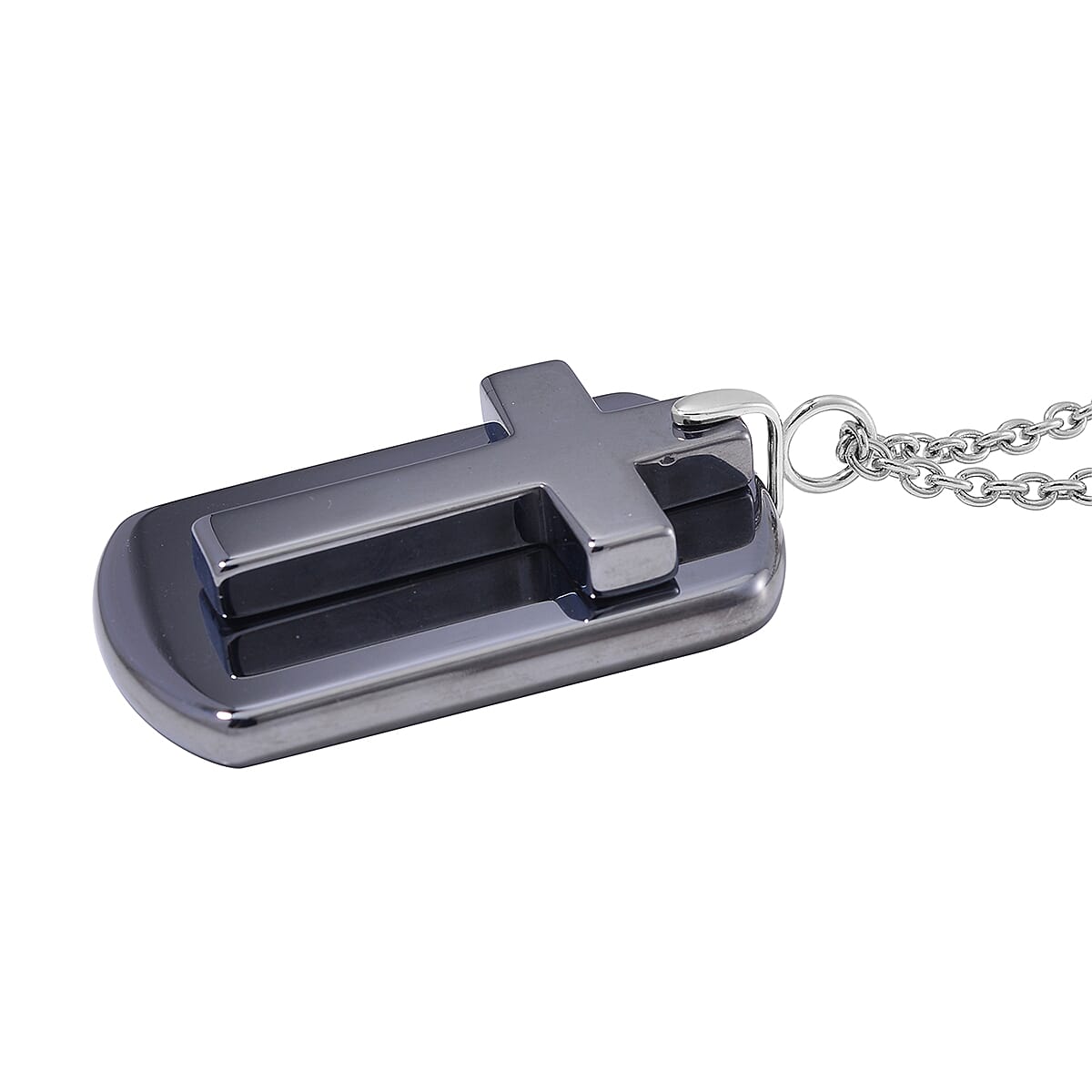 Terahertz 110.00 ctw Men's Dog Tag Pendant with Cross Charm in Rhodium Over Sterling Silver with Stainless Steel Necklace 24-26 Inches