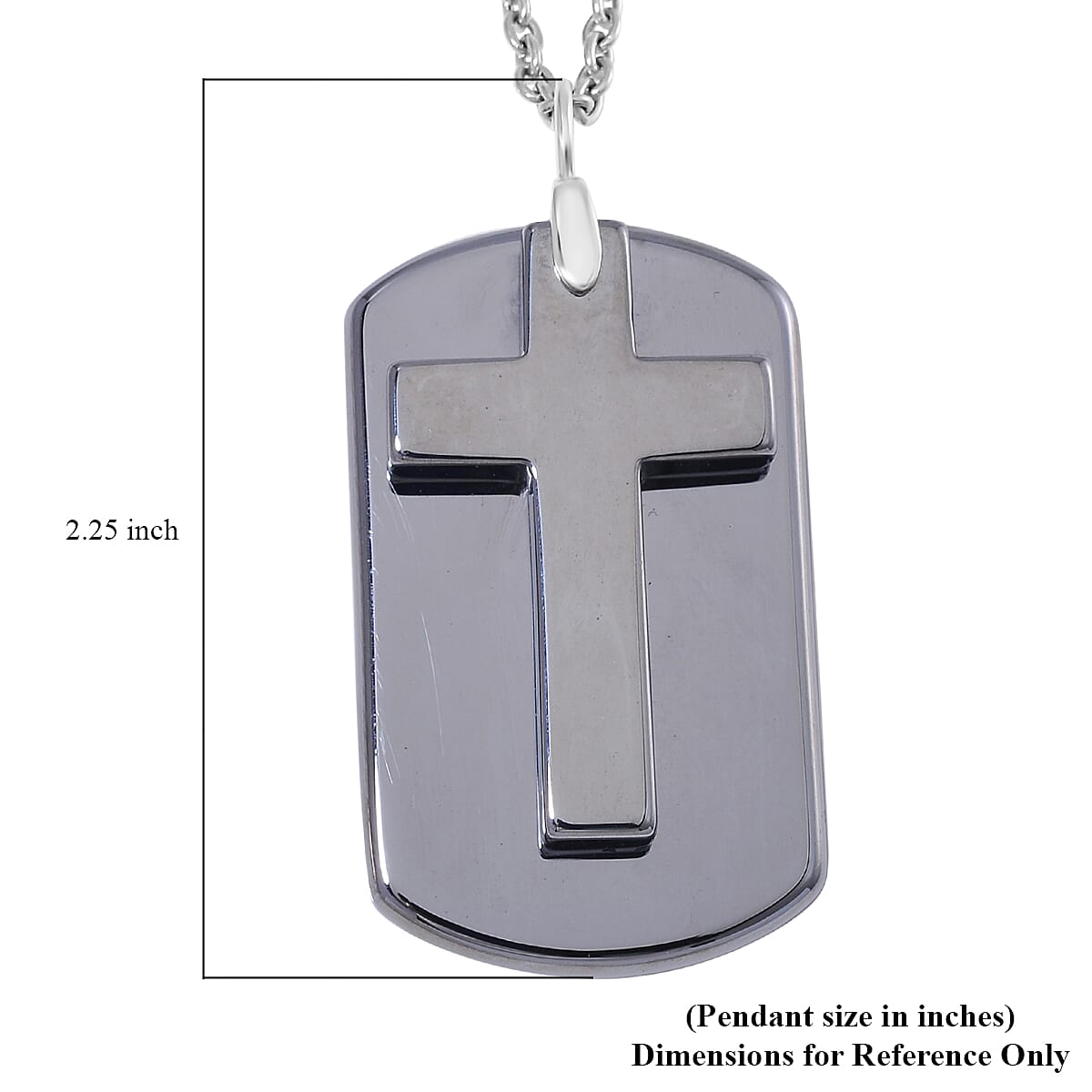 Terahertz 110.00 ctw Men's Dog Tag Pendant with Cross Charm in Rhodium Over Sterling Silver with Stainless Steel Necklace 24-26 Inches