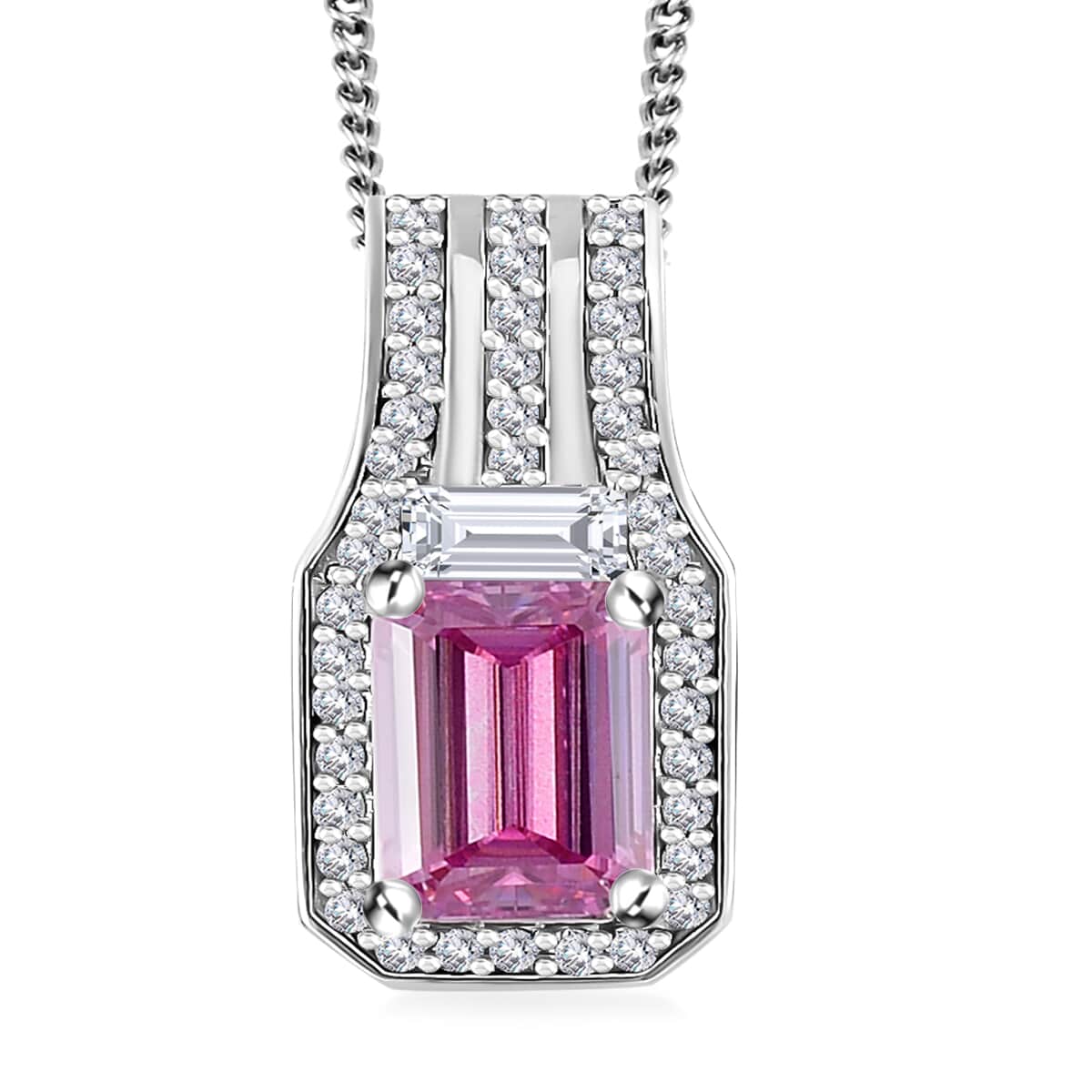 Lotus Pink Moissanite (Oct 7x5mm), Moissanite Art Deco Pendant Necklace (20 Inches) in Rhodium Over Sterling Silver 1.25 ctw image number 0