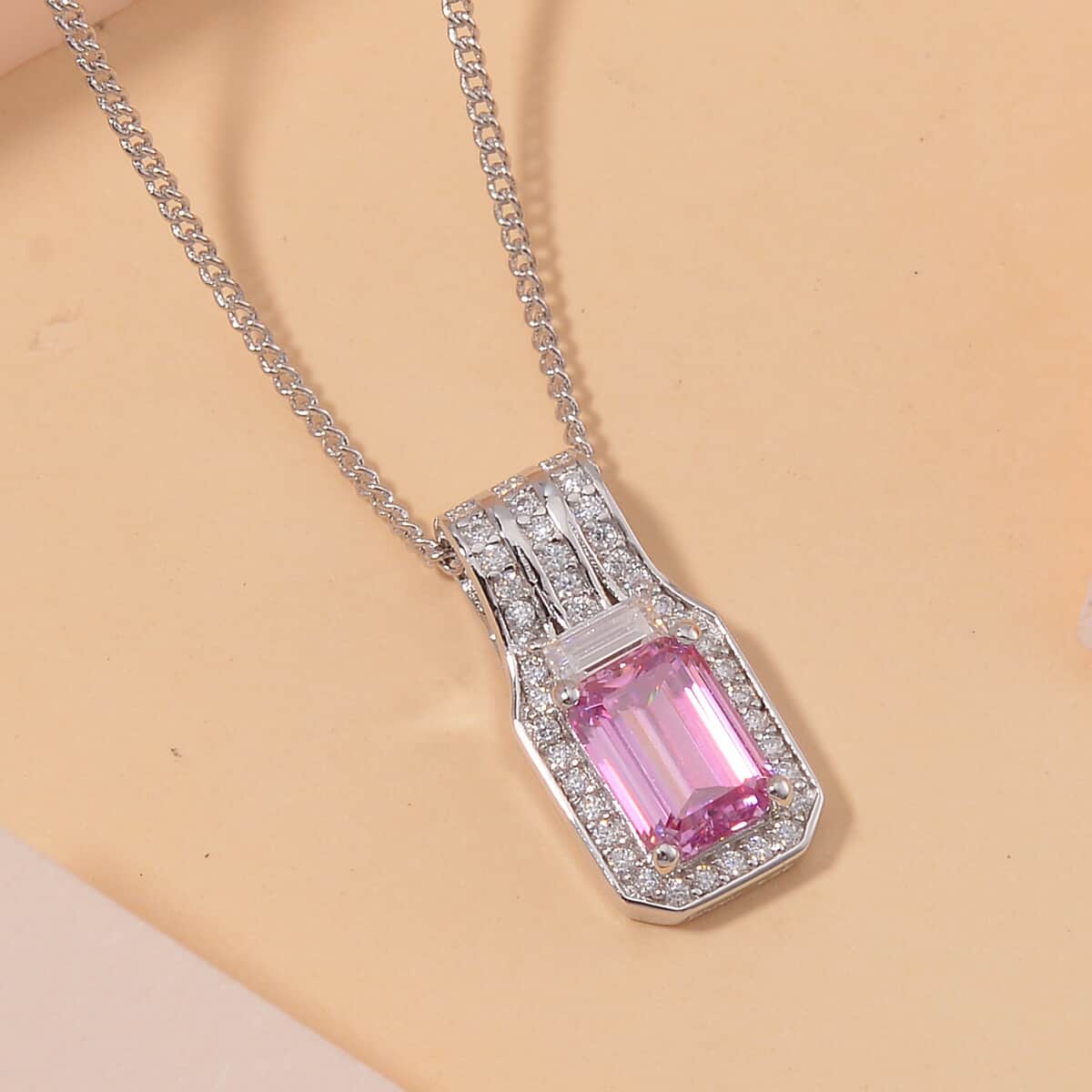 Lotus Pink Moissanite (Oct 7x5mm), Moissanite Art Deco Pendant Necklace (20 Inches) in Rhodium Over Sterling Silver 1.25 ctw image number 1