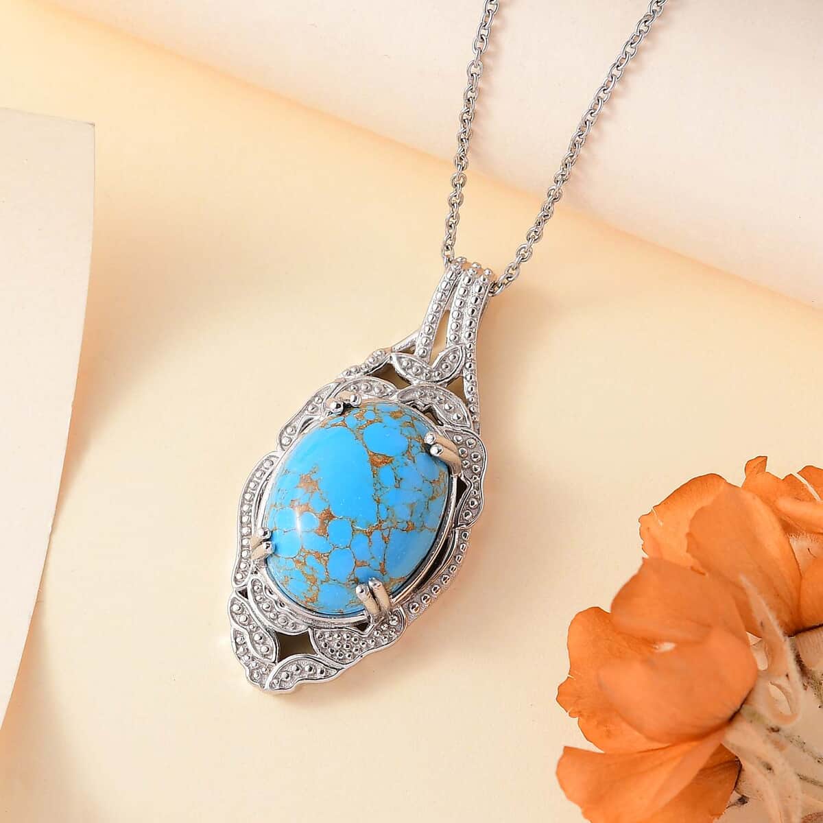 Karis Mojave Blue Turquoise 13.70 ctw Pendant in Platinum Bond with Stainless Steel Necklace 20 Inches image number 1