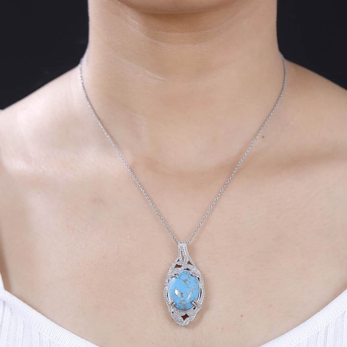 Karis Mojave Blue Turquoise 13.70 ctw Pendant in Platinum Bond with Stainless Steel Necklace 20 Inches image number 2