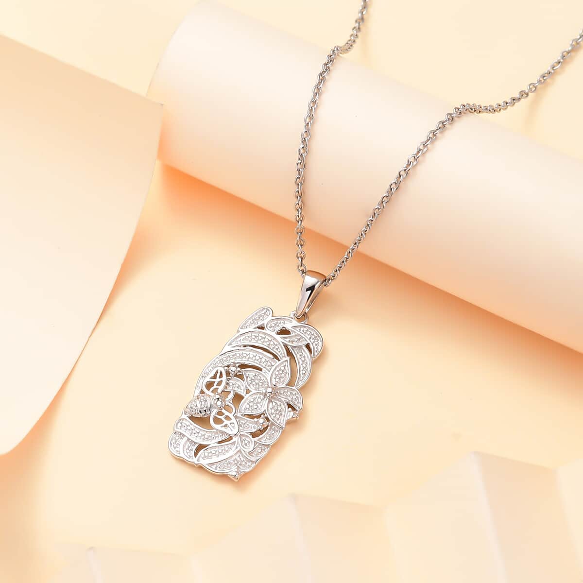 Karis White Diamond Accent Floral Pendant in Platinum Bond with Stainless Steel Necklace 20 Inches image number 1