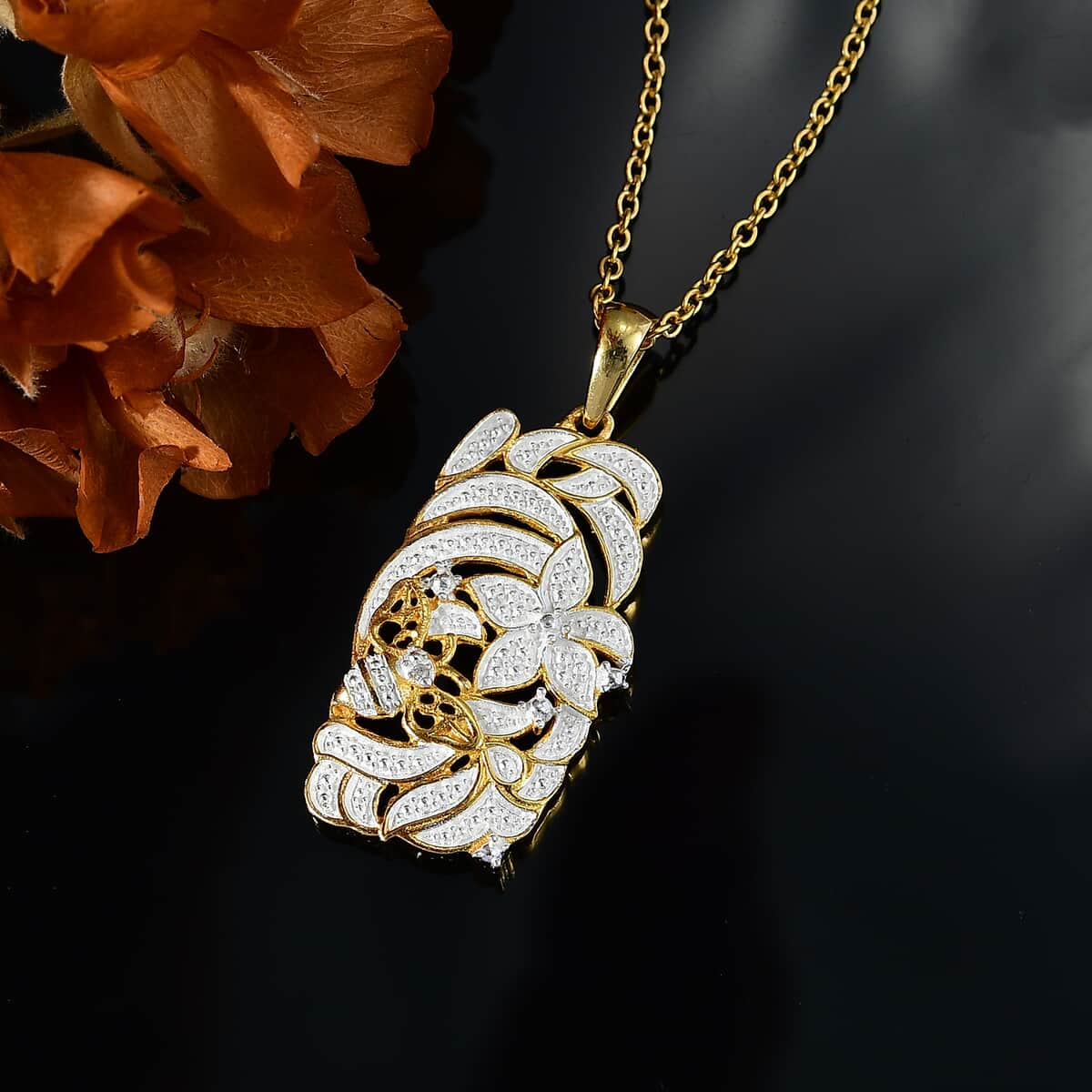 Karis White Diamond Accent Floral Pendant in 18K YG Plated with ION Plated YG Stainless Steel Necklace 20 Inches image number 1