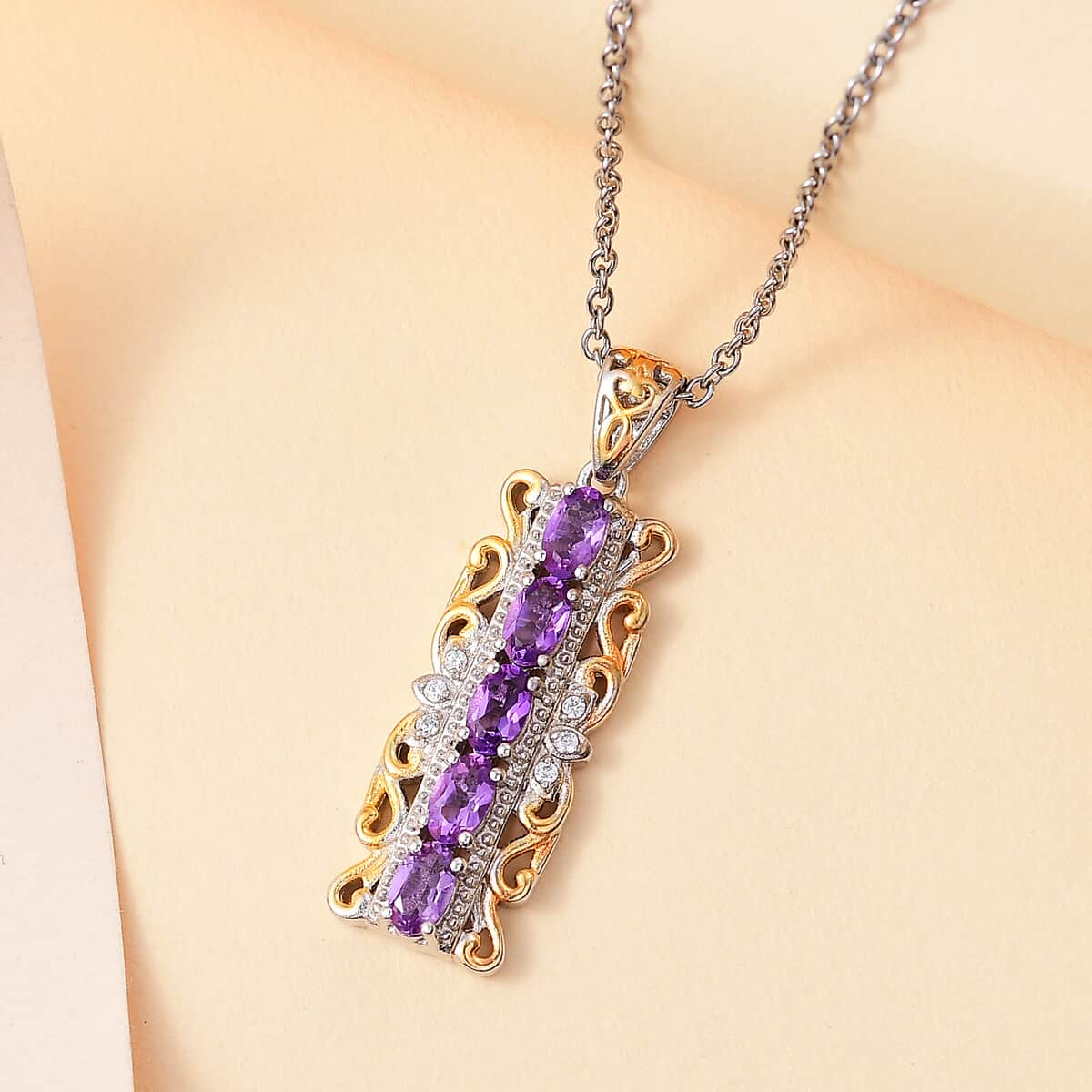 Karis African Amethyst and White Zircon 1.20 ctw Pendant in 18K YG Plated and Platinum Bond with Stainless Steel Necklace 20 Inches image number 1