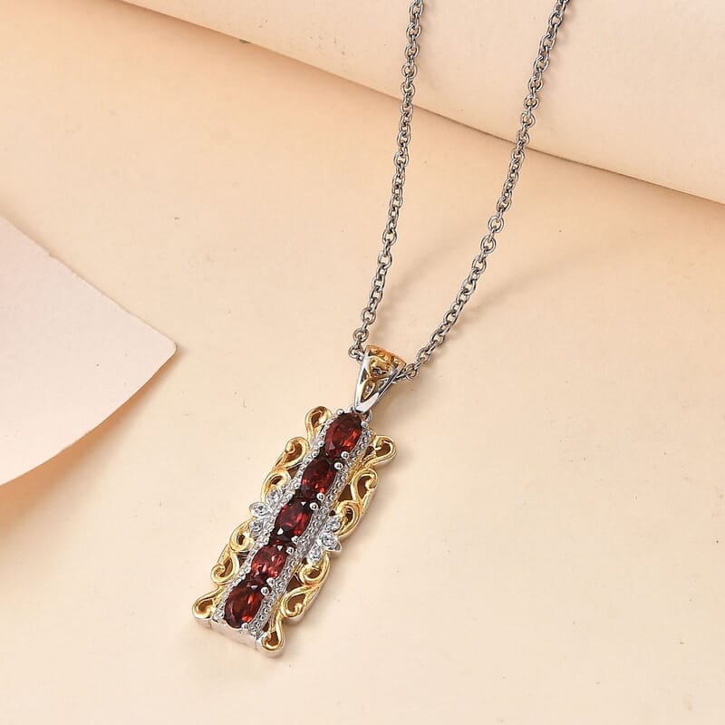 EverTrue Mozambique Garnet and White Zircon 1.50 ctw Pendant in 18K YG Plated and Platinum Bond with Stainless Steel Necklace 20 Inches