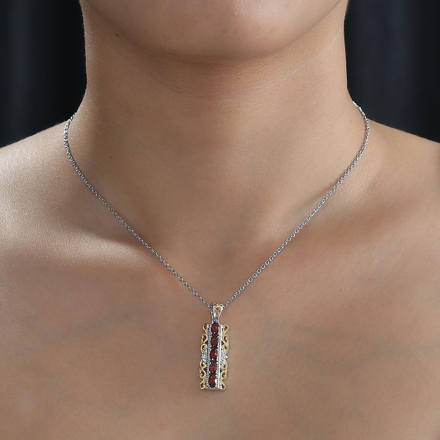 EverTrue Mozambique Garnet and White Zircon 1.50 ctw Pendant in 18K YG Plated and Platinum Bond with Stainless Steel Necklace 20 Inches