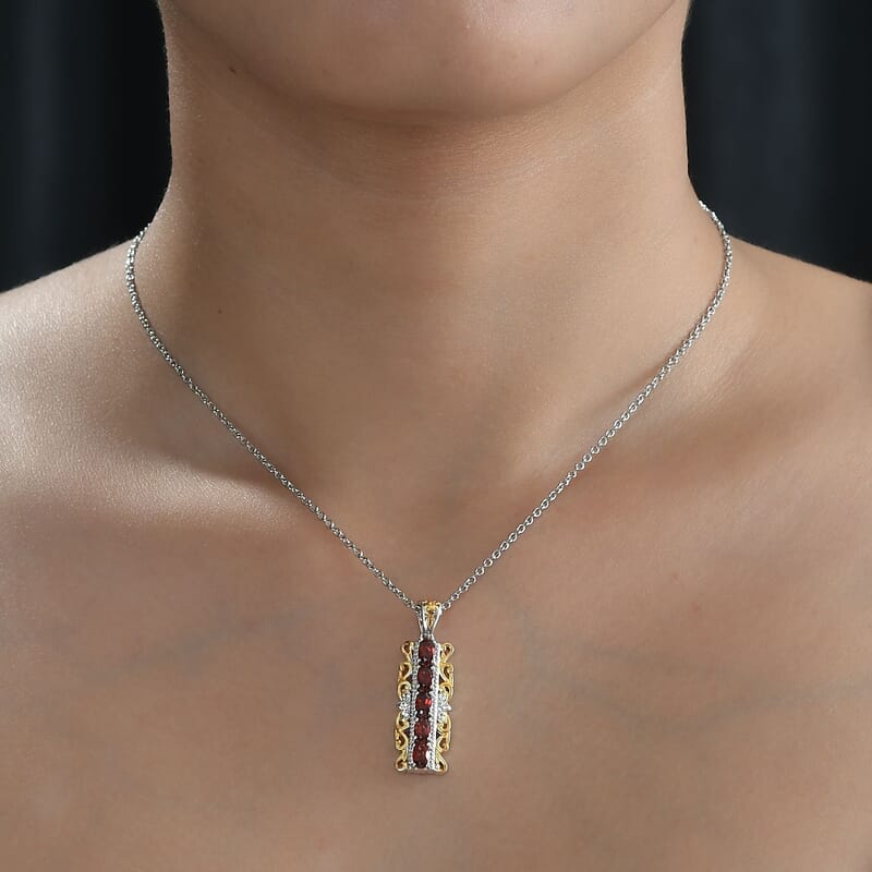 EverTrue Mozambique Garnet and White Zircon 1.50 ctw Pendant in 18K YG Plated and Platinum Bond with Stainless Steel Necklace 20 Inches