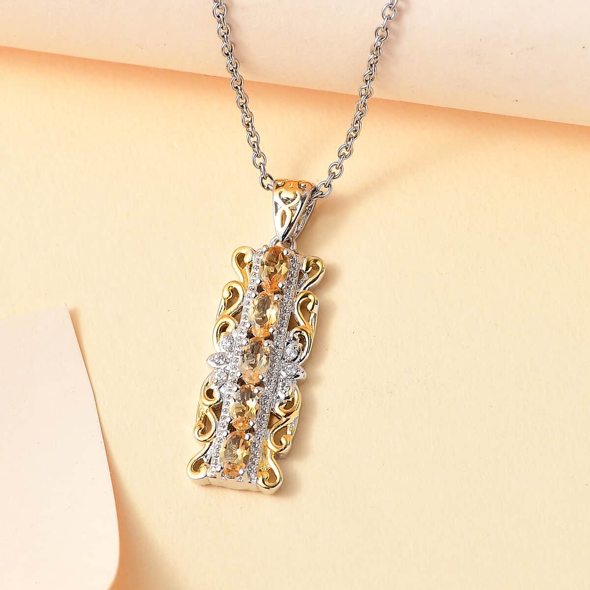 Karis Brazilian Citrine and White Zircon 1.00 ctw Pendant in 18K YG Plated and Platinum Bond with Stainless Steel Necklace 20 Inches image number 1