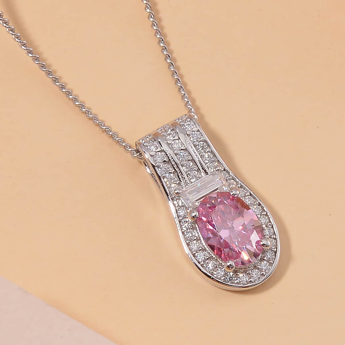 Lotus Pink and White Moissanite 1.00 ctw Art Deco Pendant Necklace in Rhodium Over Sterling Silver 20 Inches image number 1