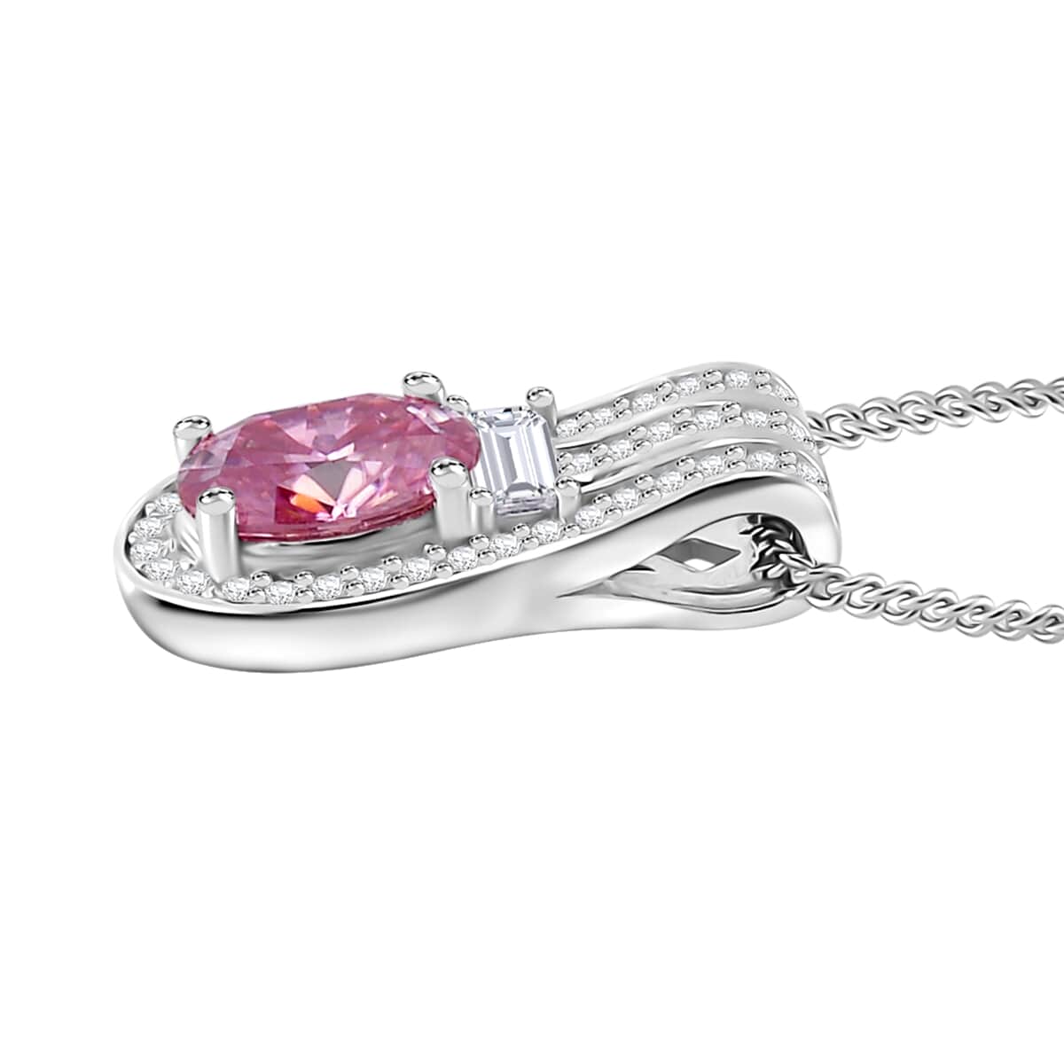 Lotus Pink and White Moissanite 1.00 ctw Art Deco Pendant Necklace in Rhodium Over Sterling Silver 20 Inches image number 3