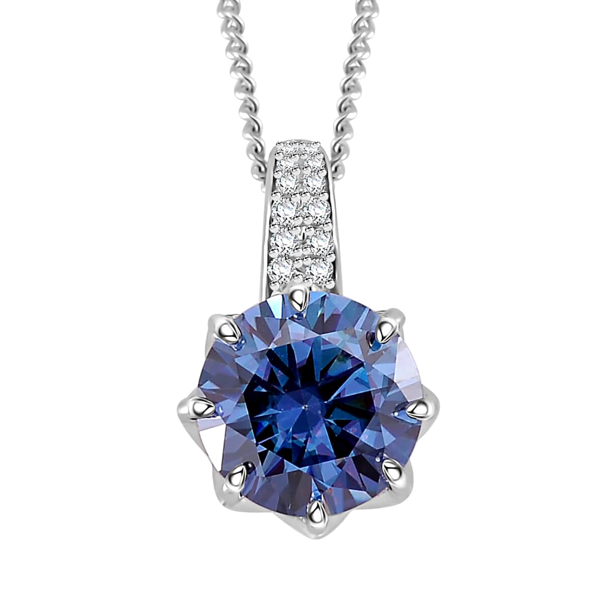 Sapphire Blue Moissanite (Ovl 7x5mm), Moissanite Crown of Petals Pendant Necklace (20 Inches) in Rhodium Over Sterling Silver 2.70 ctw image number 0