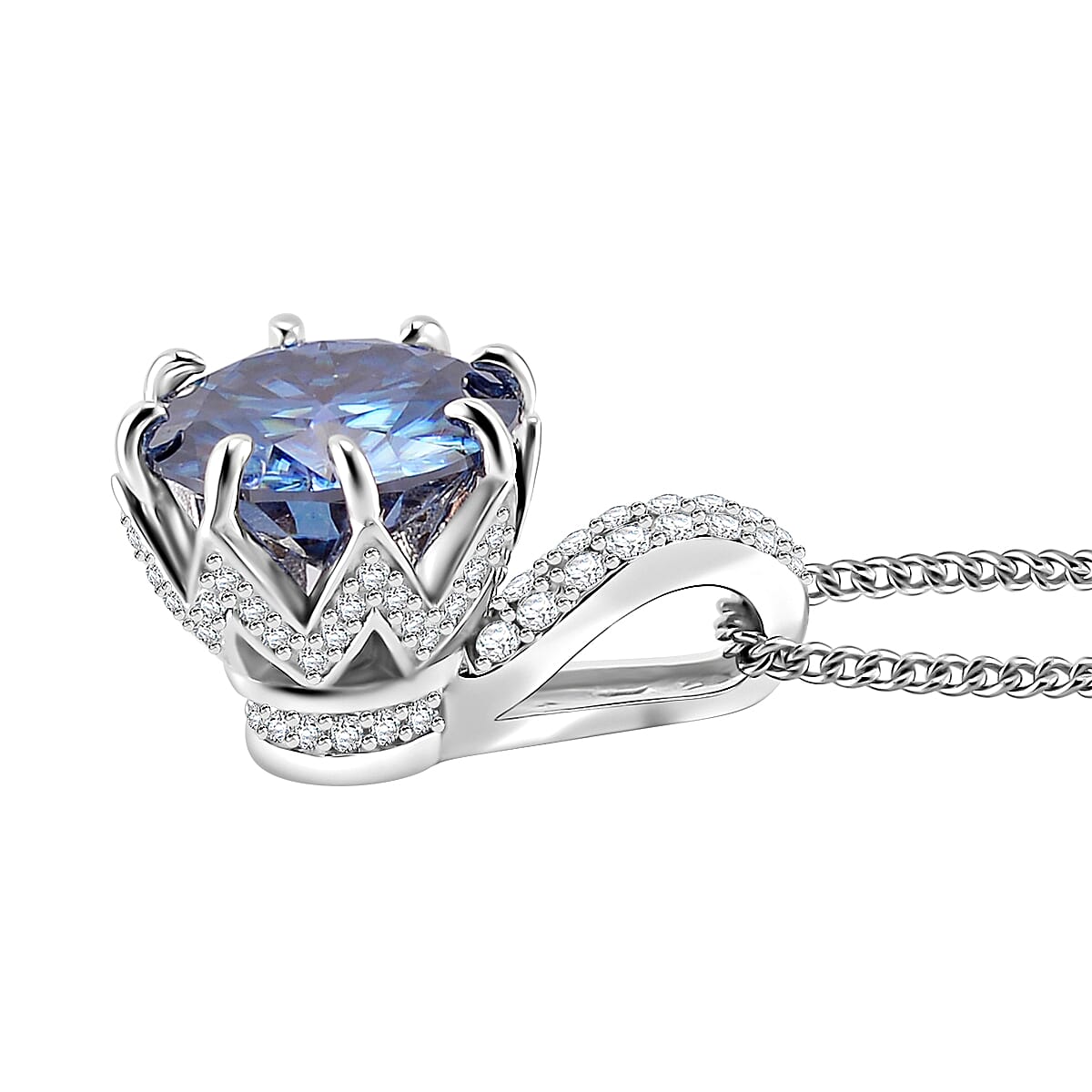 Sapphire Blue and White Moissanite 2.70 ctw Crown of Petals Pendant Necklace in Rhodium Over Sterling Silver 20 Inches