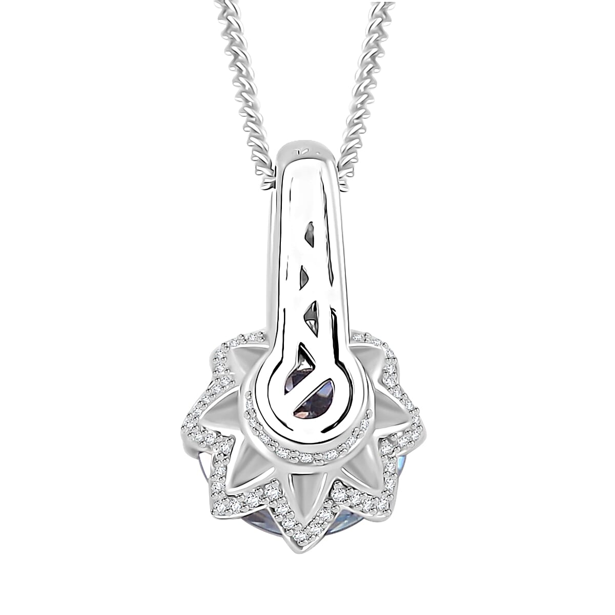 Sapphire Blue and White Moissanite 2.70 ctw Crown of Petals Pendant Necklace in Rhodium Over Sterling Silver 20 Inches