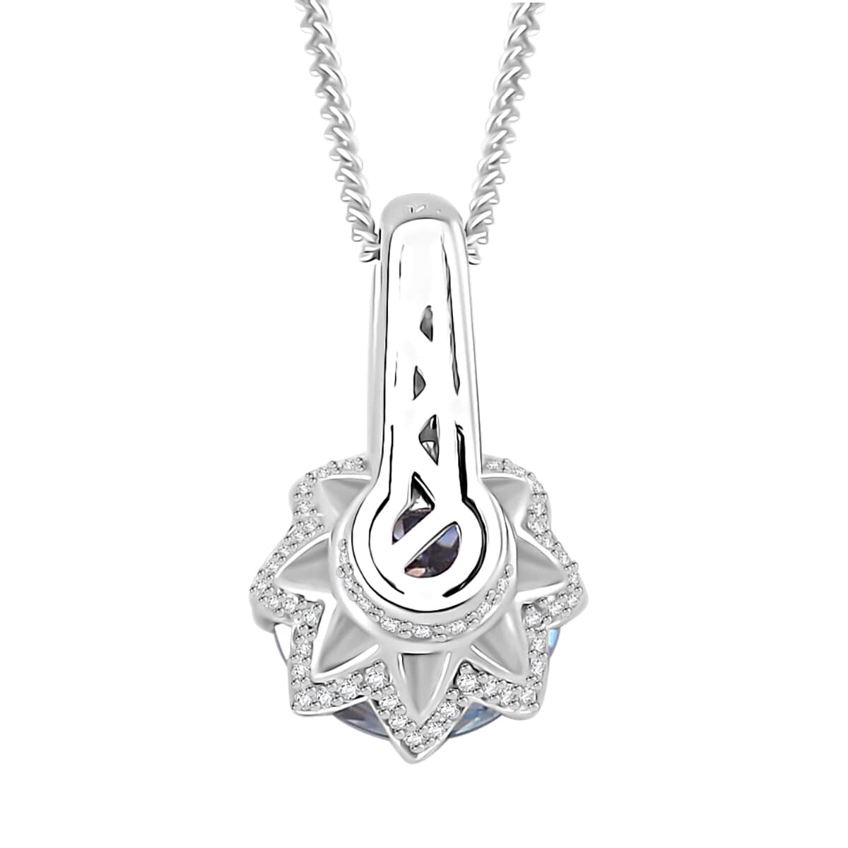 Sapphire Blue Moissanite (Ovl 7x5mm), Moissanite Crown of Petals Pendant Necklace (20 Inches) in Rhodium Over Sterling Silver 2.70 ctw image number 4