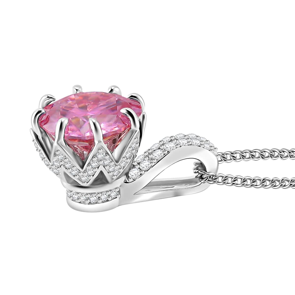 Lotus Pink and White Moissanite 2.80 ctw Crown of Petals Pendant Necklace in Rhodium Over Sterling Silver 20 Inches image number 3